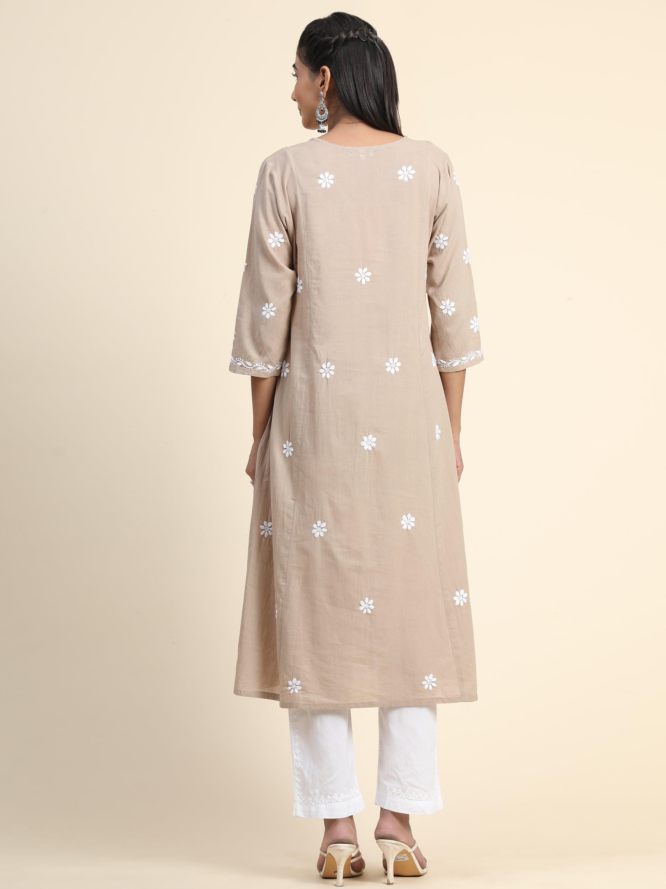 Arti Chauhan in HOK Chikankari Anarkali Kurti for Women - Beige - House Of Kari (Chikankari Clothing)