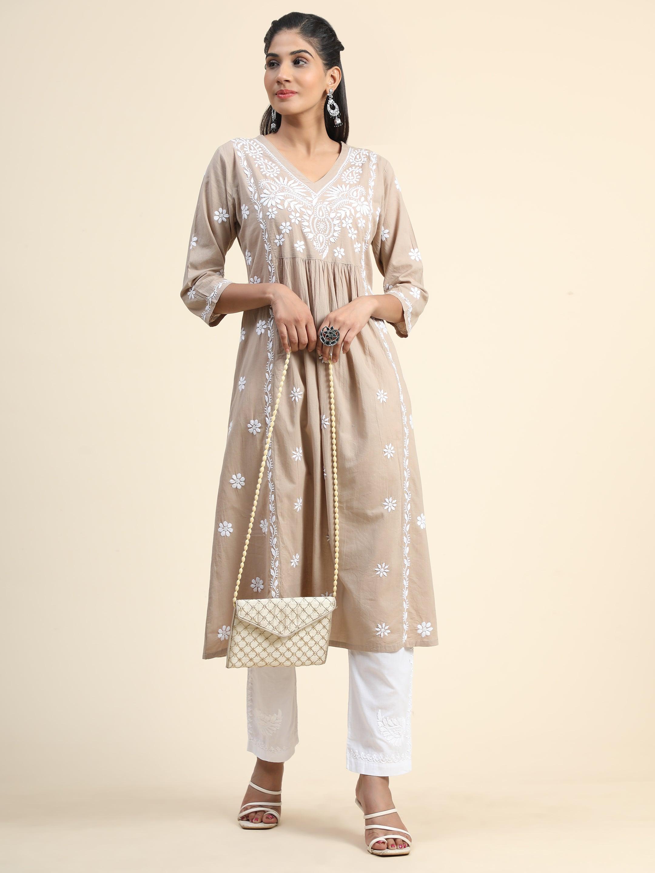 Arti Chauhan in HOK Chikankari Anarkali Kurti for Women - Beige - House Of Kari (Chikankari Clothing)