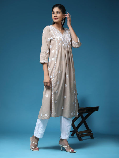 Arti Chauhan in HOK Chikankari Anarkali Kurti for Women - Beige - House Of Kari (Chikankari Clothing)