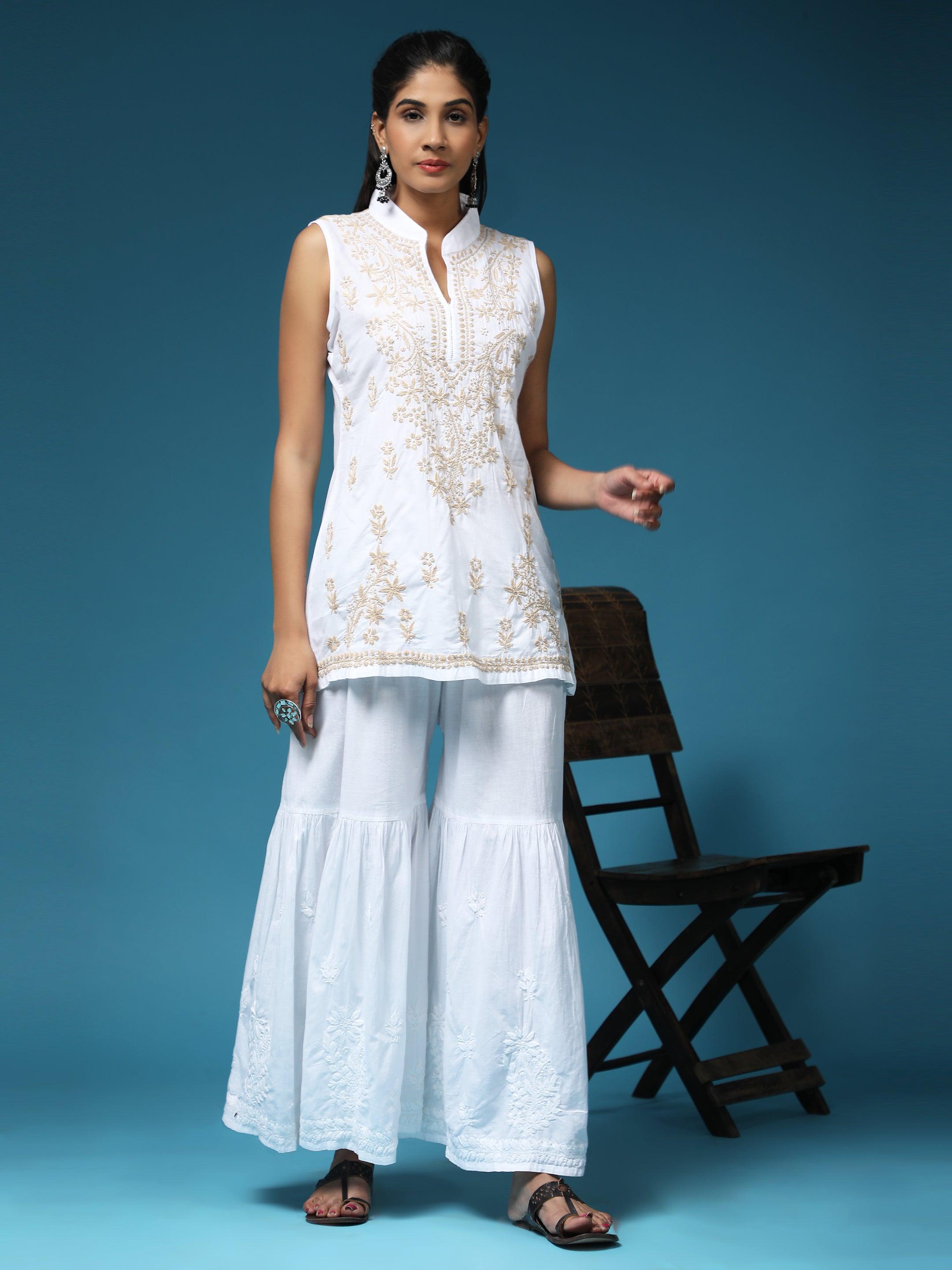 Sleeveless Hand Embroidery Chikankari Printed Short Cotton Tunics-White With Golden - House Of Kari (Chikankari Clothing)