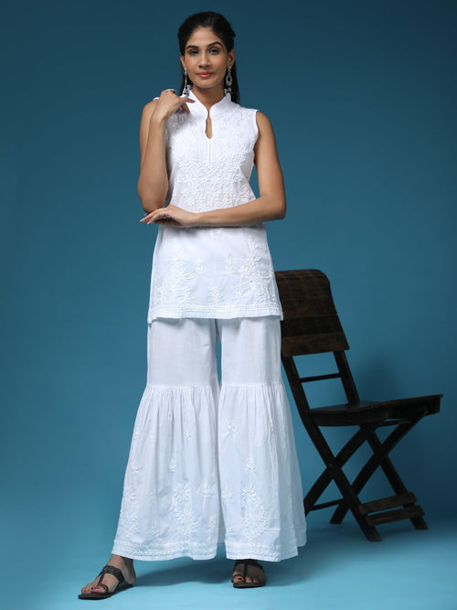 Noor Sleeveless Hand Embroidery Chikankari Printed Short Cotton Tunics-White - House Of Kari (Chikankari Clothing)