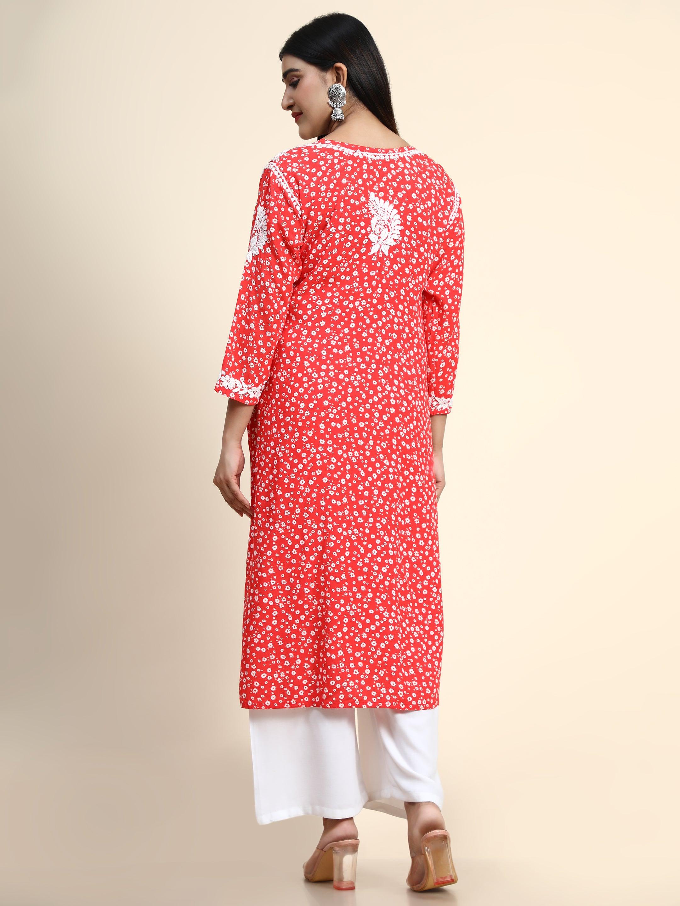 HOK Chikankari Fancy Long Kurti Orange - House Of Kari (Chikankari Clothing)