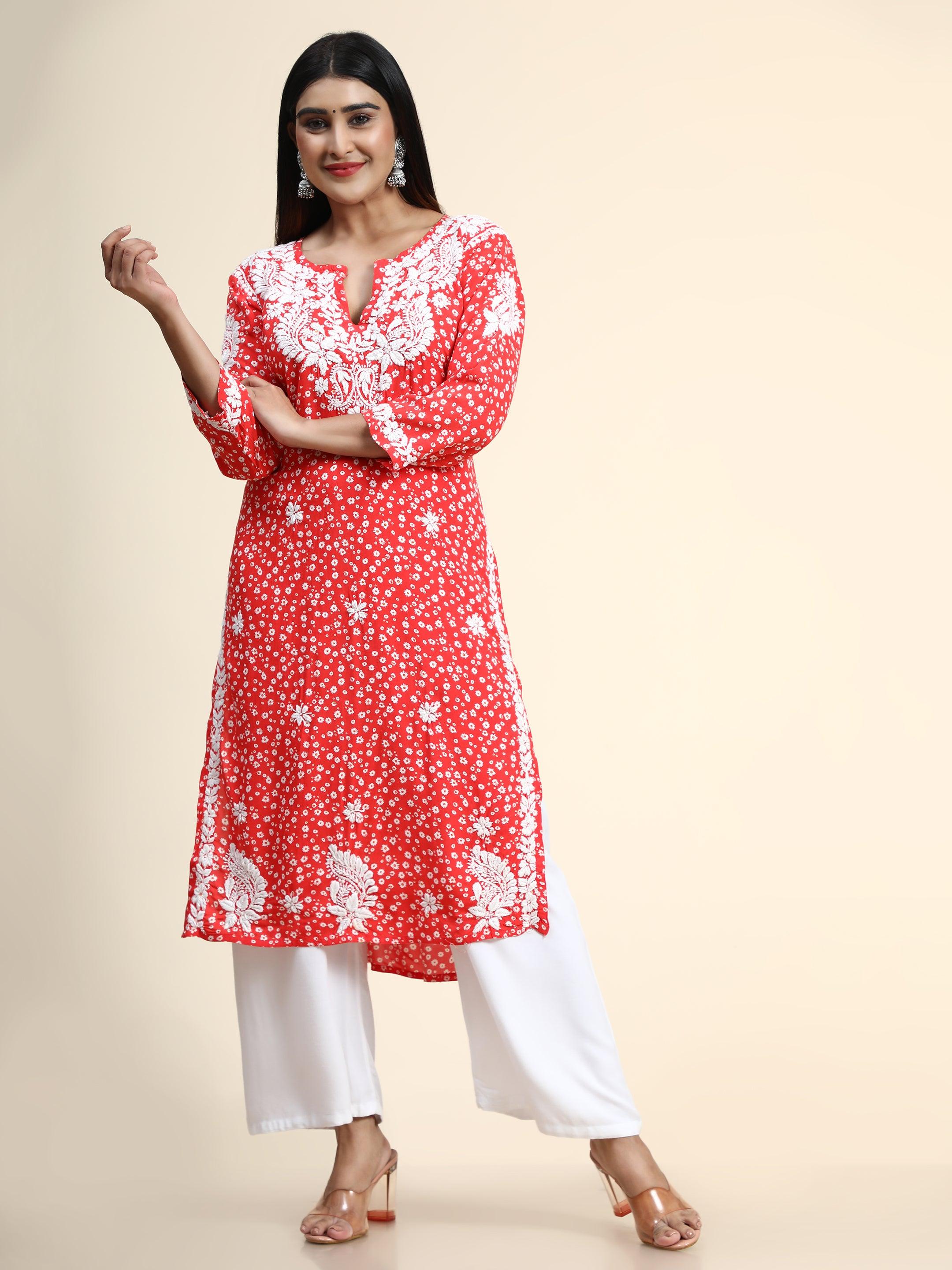 HOK Chikankari Fancy Long Kurti Orange - House Of Kari (Chikankari Clothing)