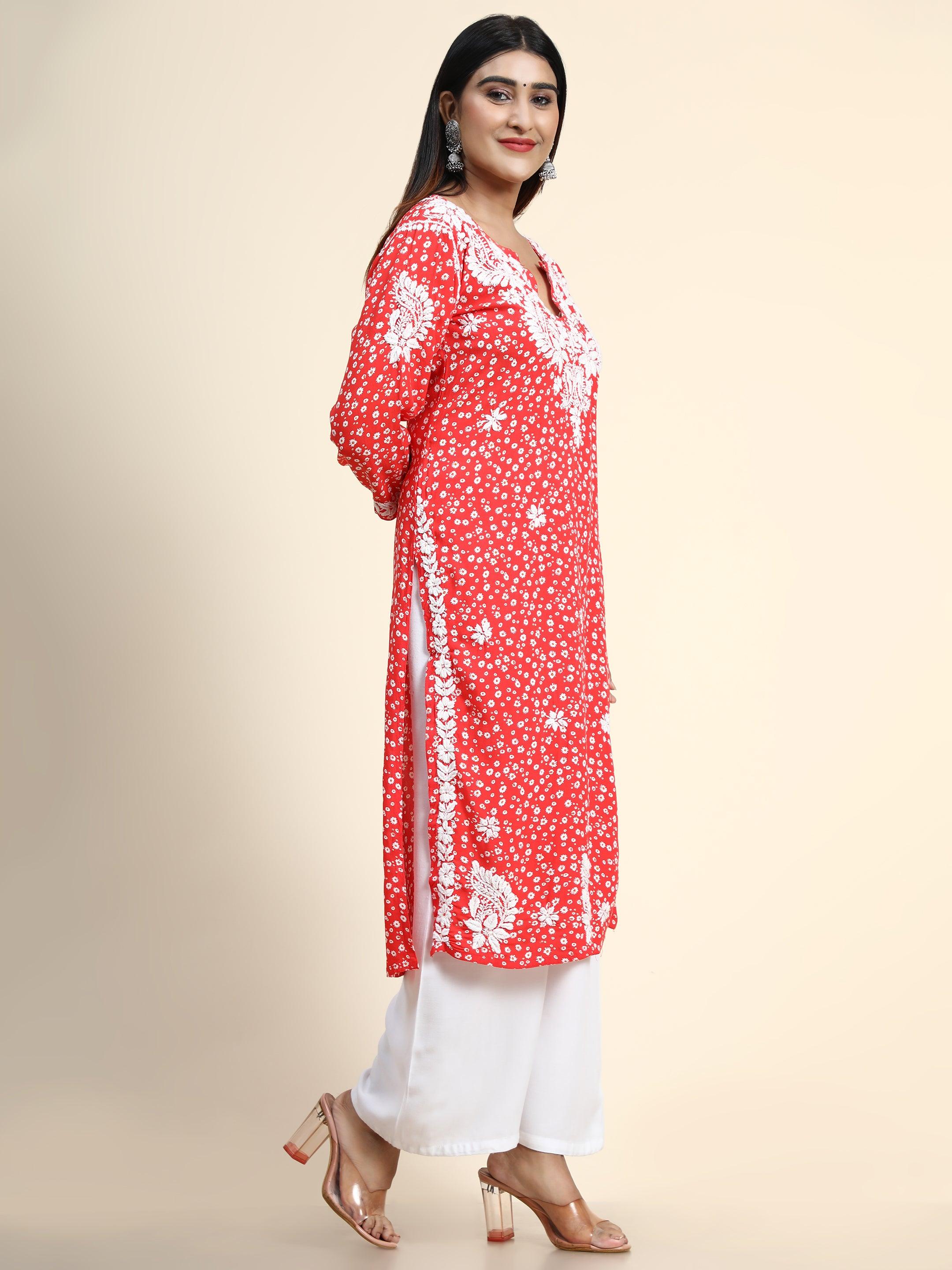 HOK Chikankari Fancy Long Kurti Orange - House Of Kari (Chikankari Clothing)