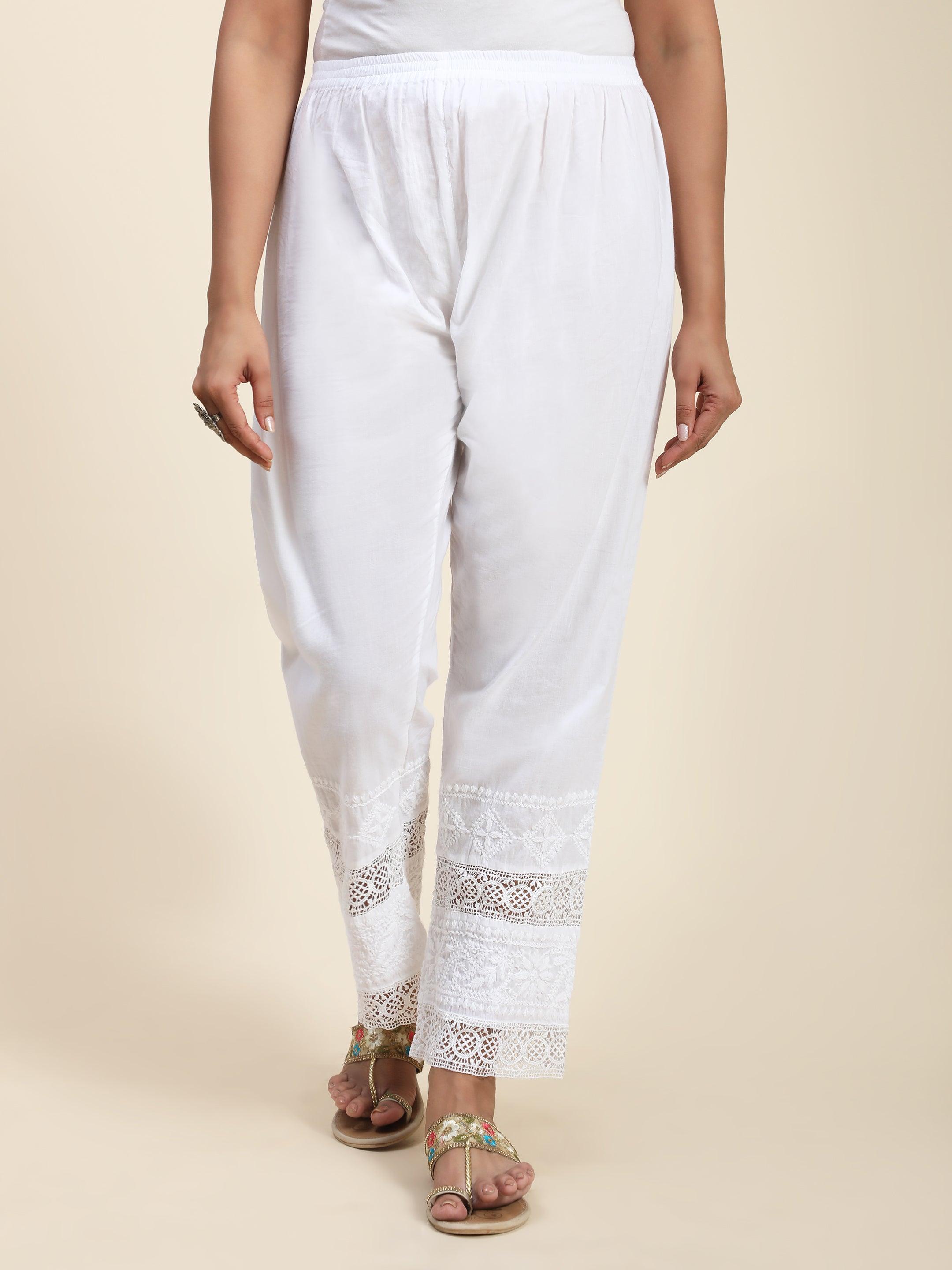 House Of Kari Chikankari Embroidered Cotton White Relaxed Pants Trousers-8 - House Of Kari (Chikankari Clothing)