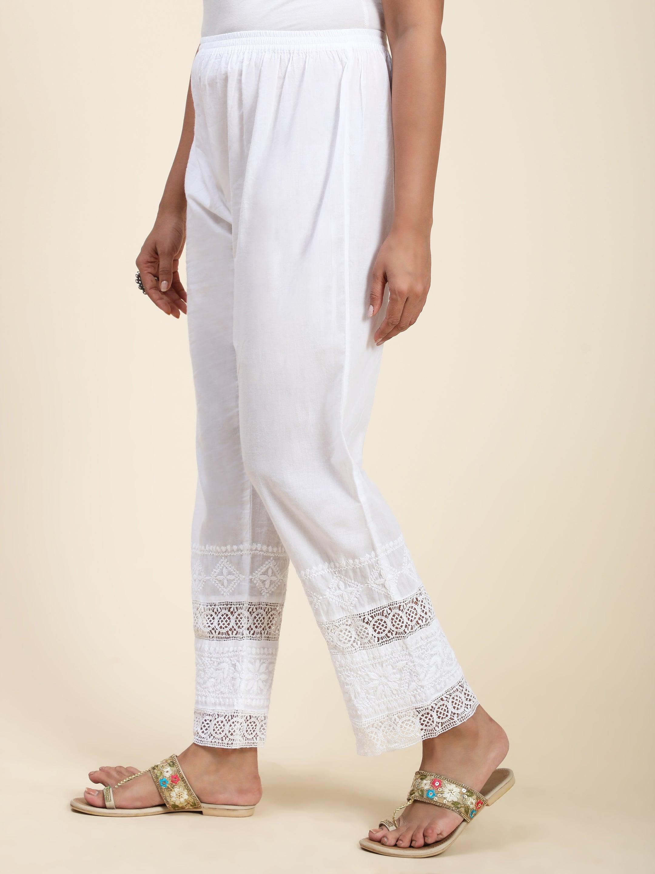 House Of Kari Chikankari Embroidered Cotton White Relaxed Pants Trousers-8 - House Of Kari (Chikankari Clothing)
