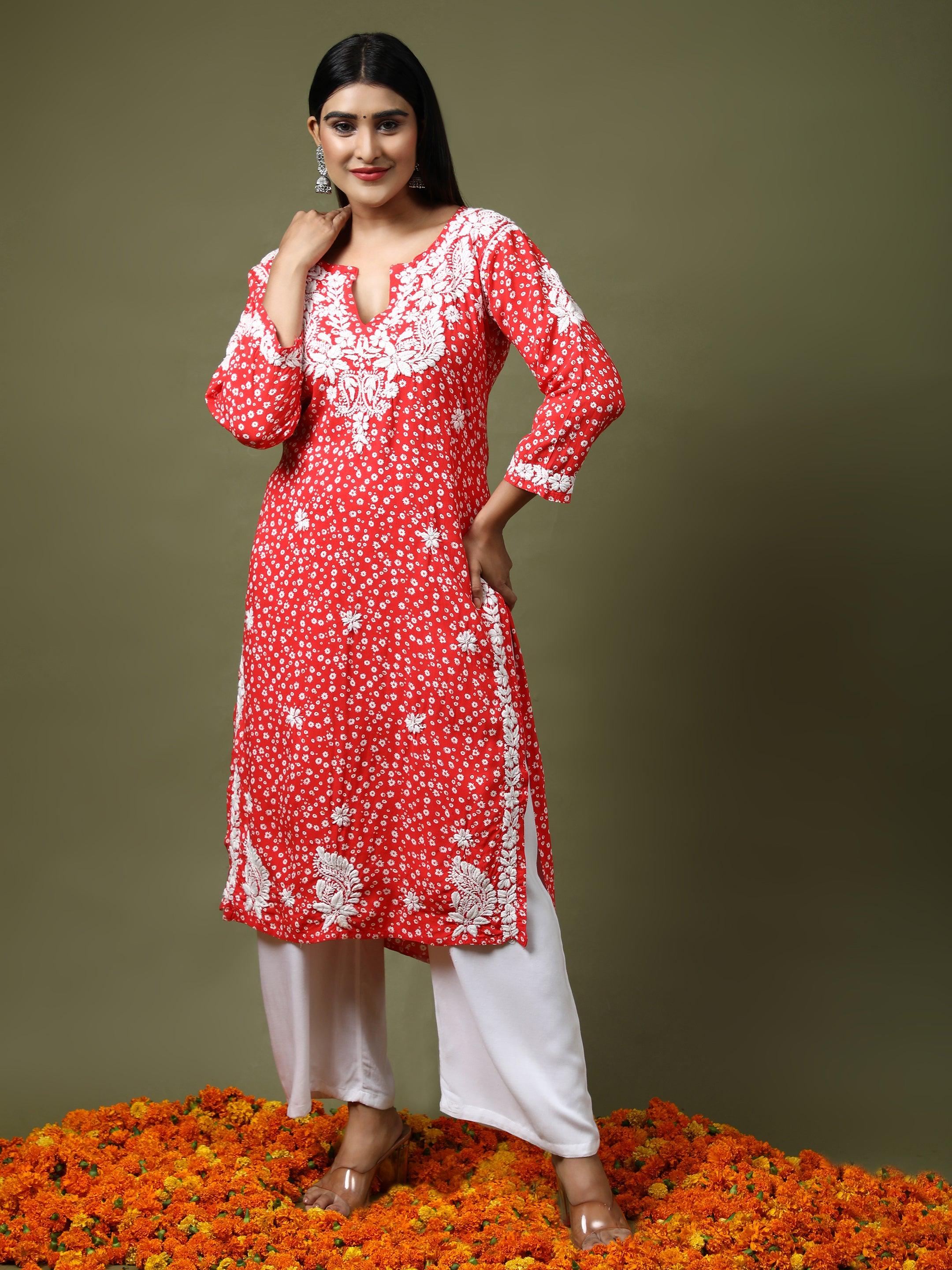 HOK Chikankari Fancy Long Kurti Orange - House Of Kari (Chikankari Clothing)