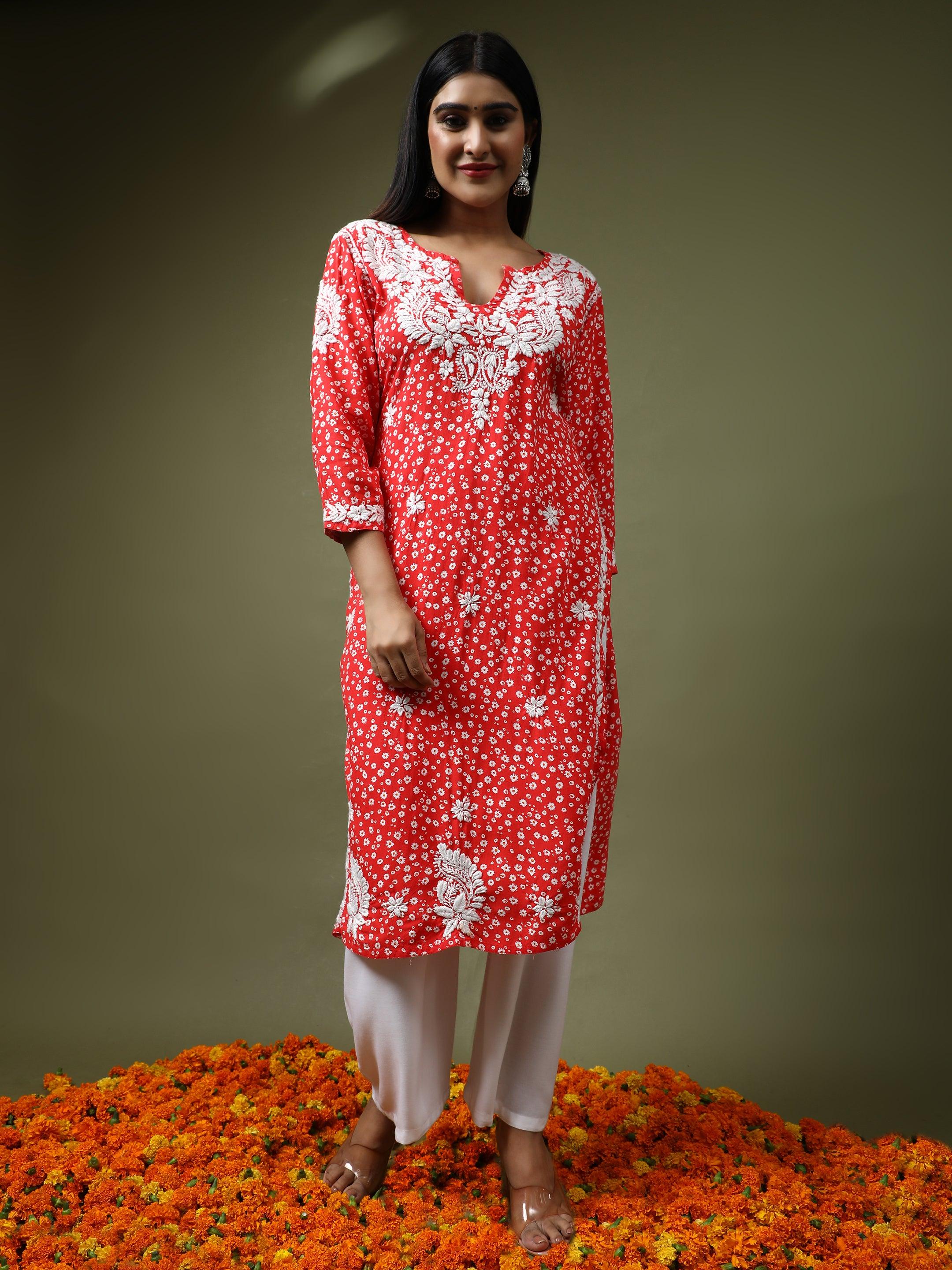 HOK Chikankari Fancy Long Kurti Orange - House Of Kari (Chikankari Clothing)
