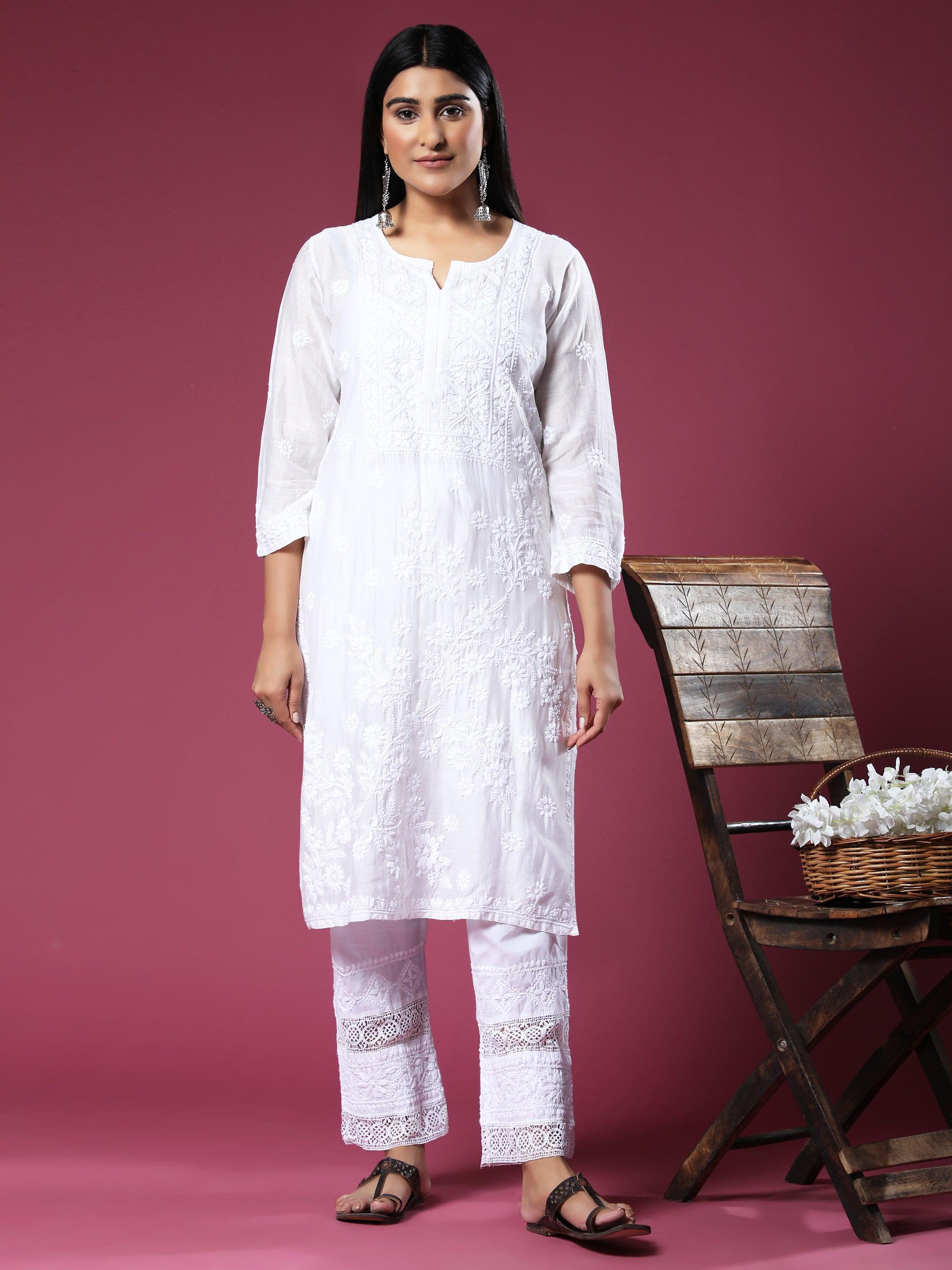 House Of Kari Chikankari Embroidered Cotton White Relaxed Pants Trousers-8 - House Of Kari (Chikankari Clothing)