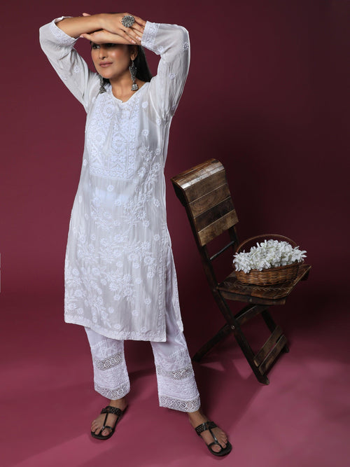 Hand Embroidery Chikankari Long Kurti for Women In Chanderi Silk White - House Of Kari (Chikankari Clothing)