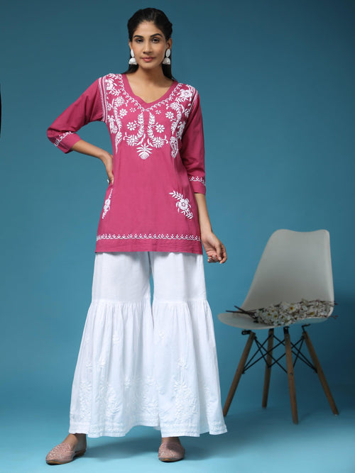 Hand Embroidery Chinakari Short Cotton Tunics- Pink - House Of Kari (Chikankari Clothing)