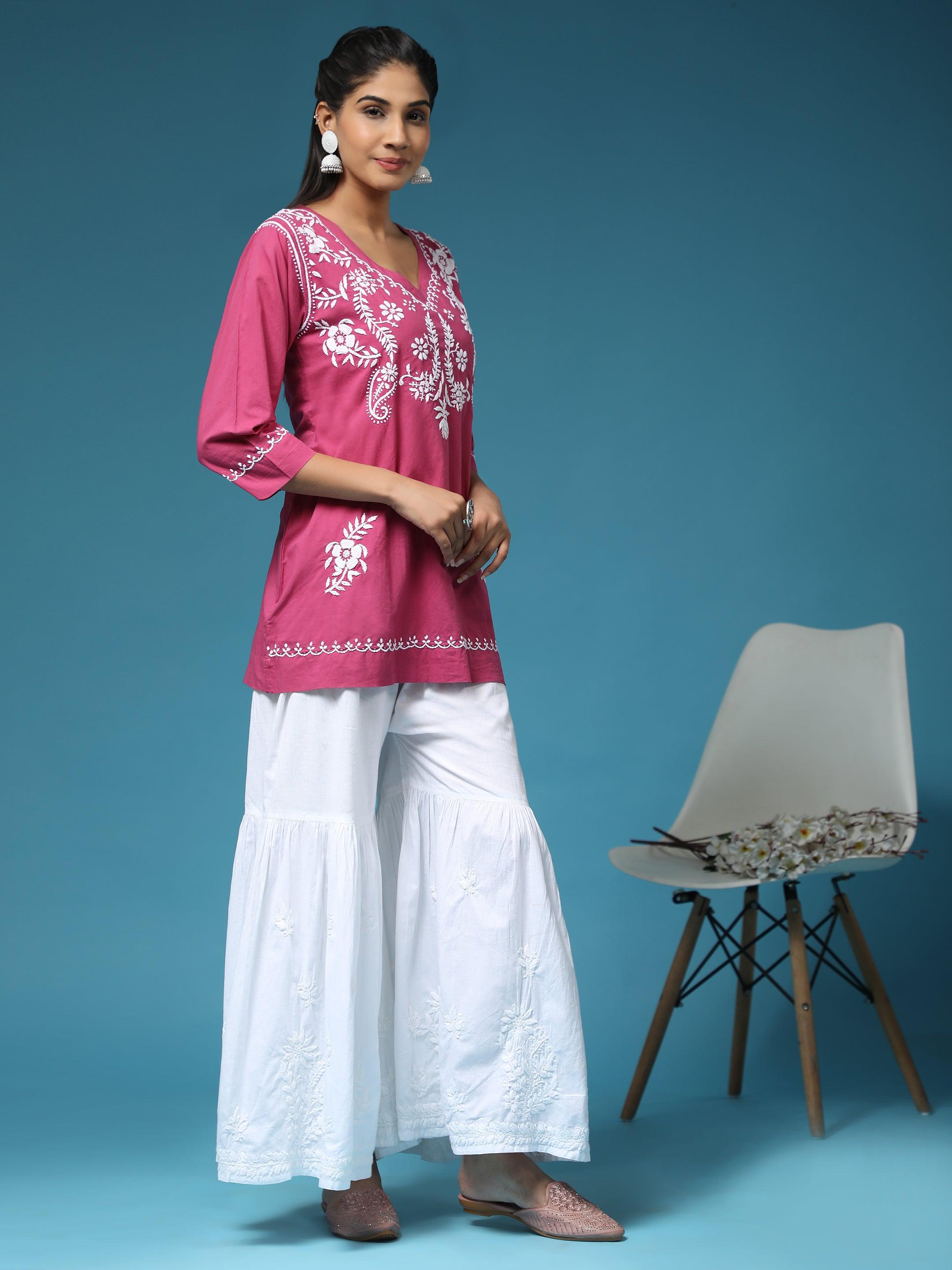Hand Embroidery Chinakari Short Cotton Tunics- Pink - House Of Kari (Chikankari Clothing)