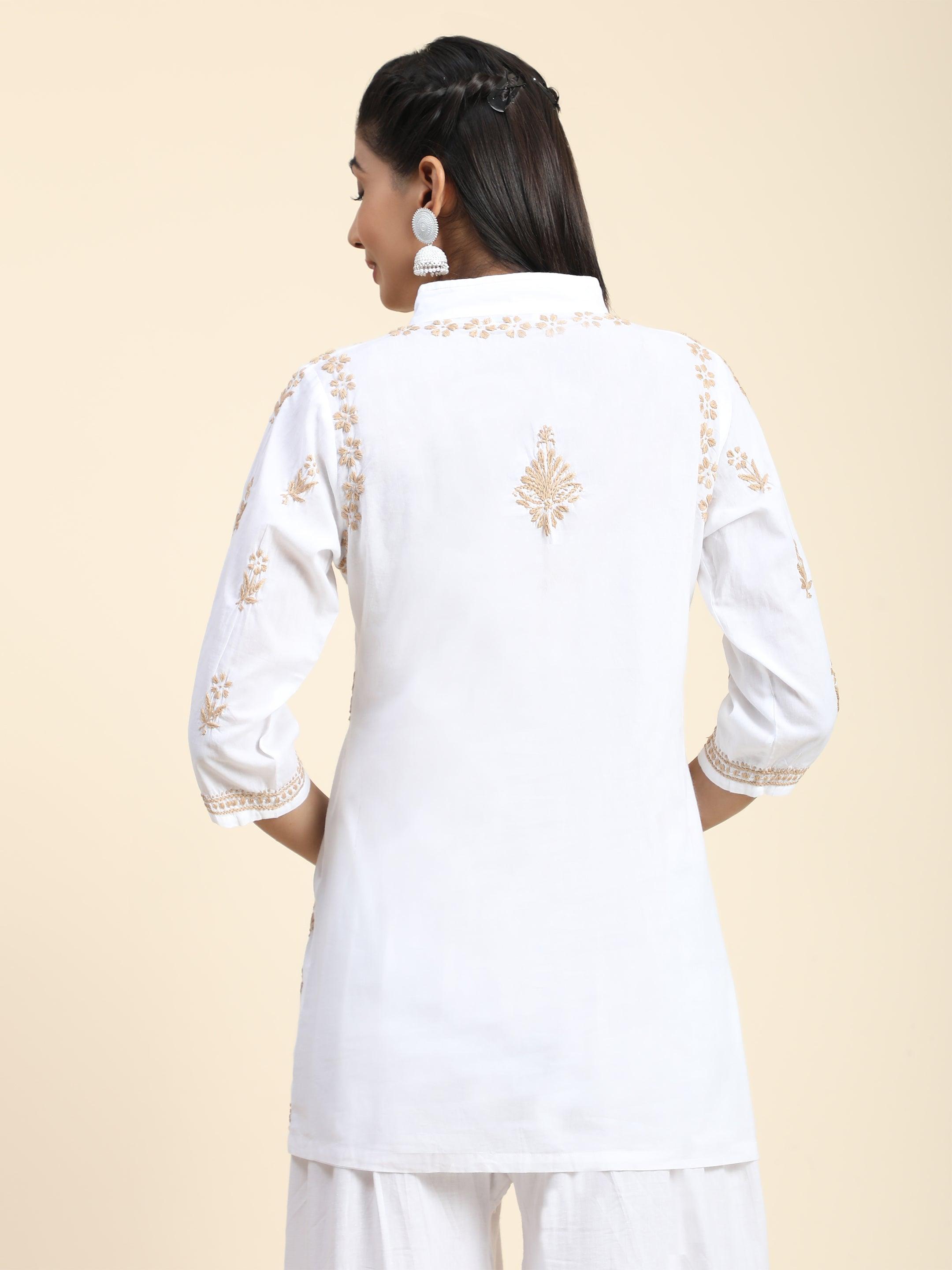 Hand Embroidery Chikankari Printed Short Cotton Tunics-White with Golden - House Of Kari (Chikankari Clothing)