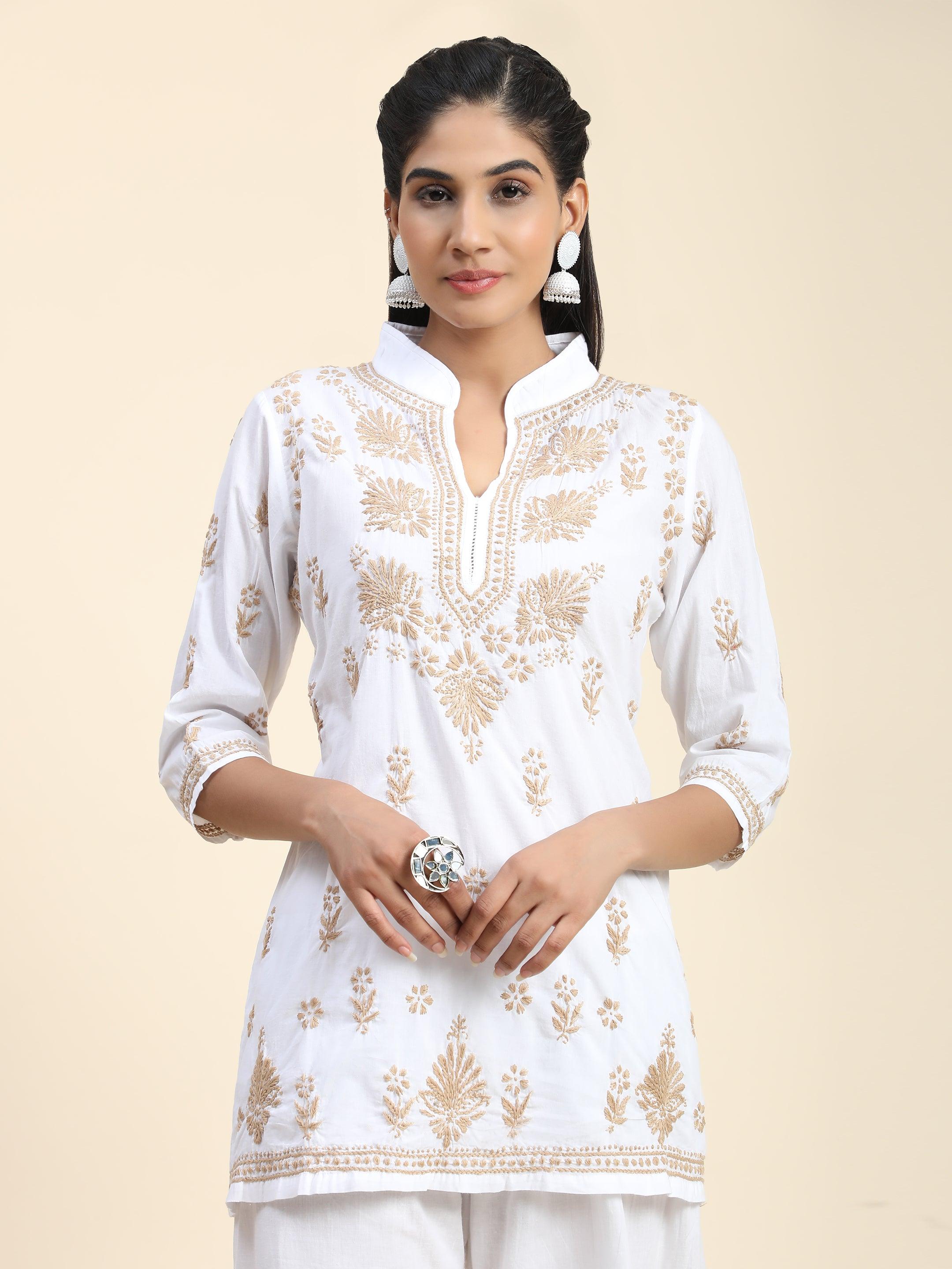 Hand Embroidery Chikankari Printed Short Cotton Tunics-White with Golden - House Of Kari (Chikankari Clothing)