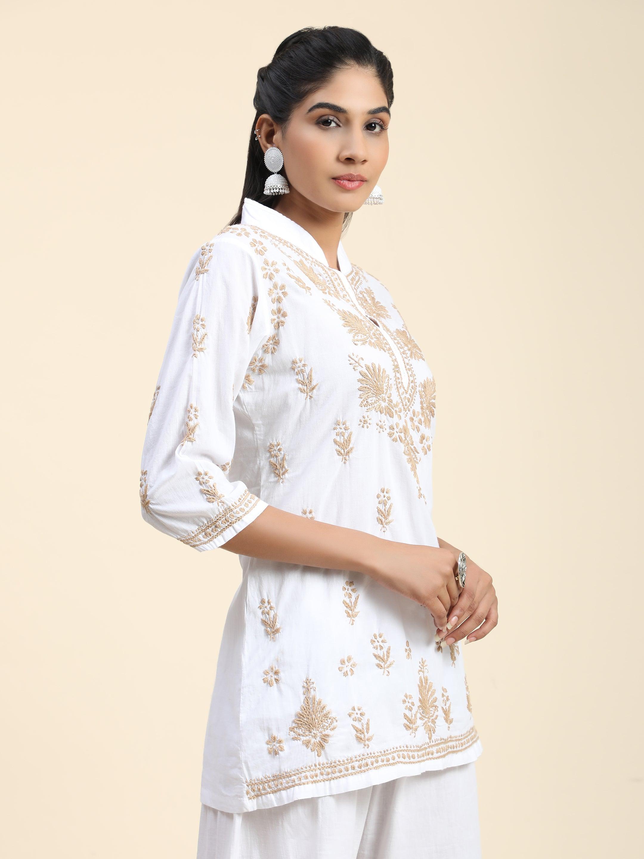 Hand Embroidery Chikankari Printed Short Cotton Tunics-White With Golden - House Of Kari (Chikankari Clothing)