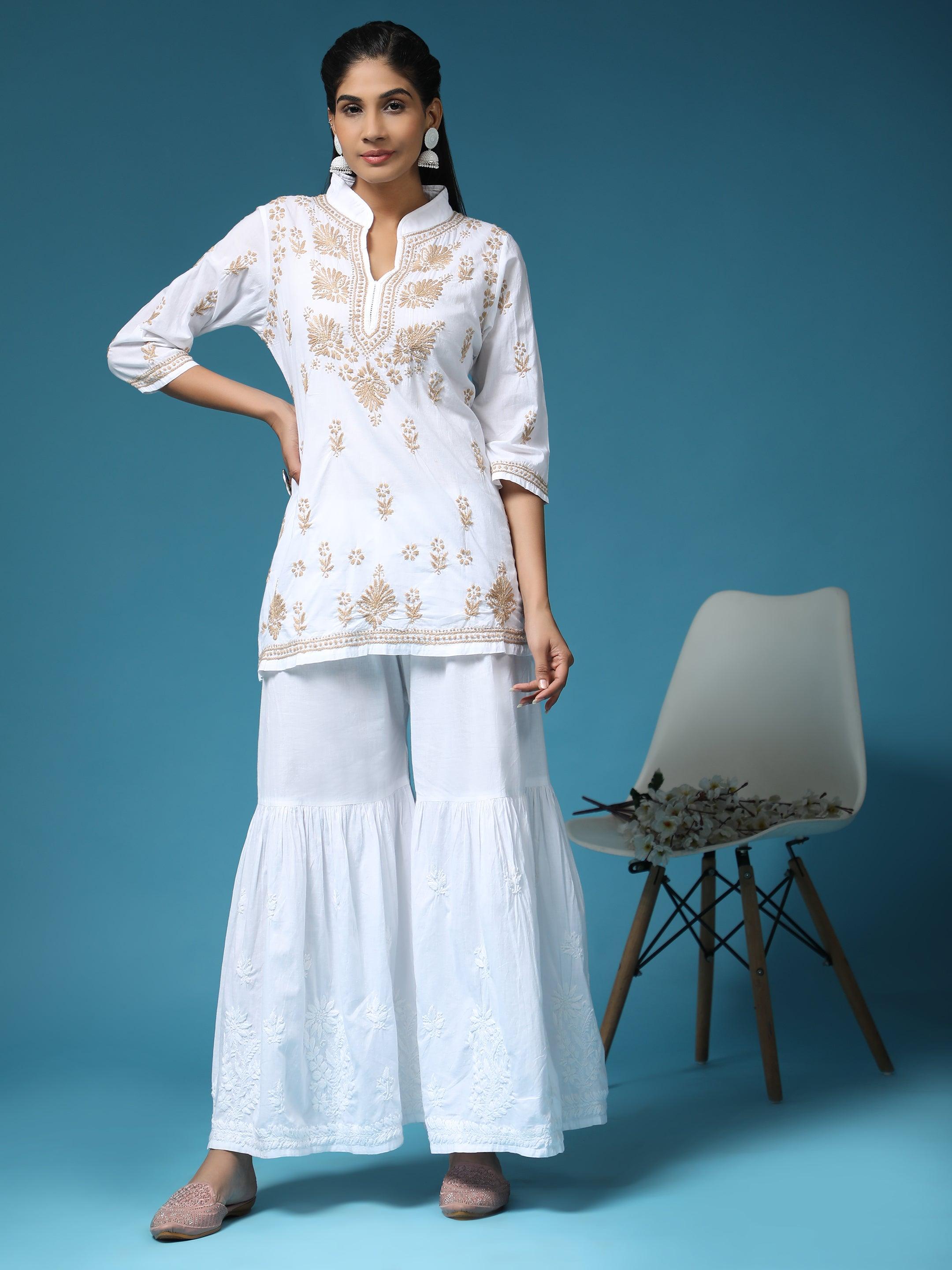 Hand Embroidery Chikankari Printed Short Cotton Tunics-White With Golden - House Of Kari (Chikankari Clothing)