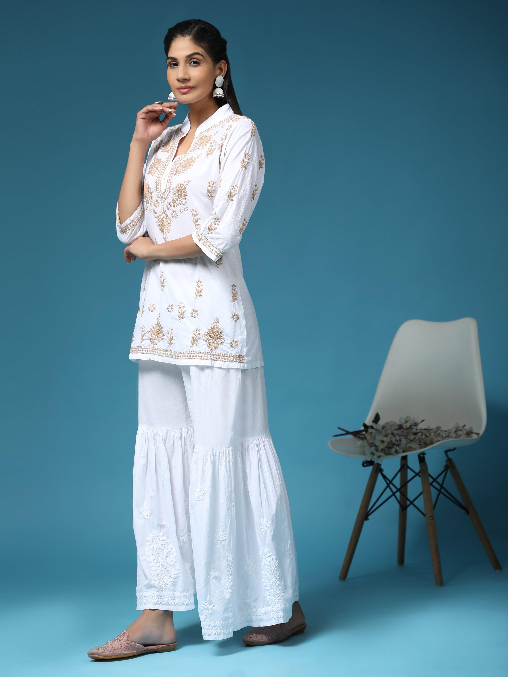 Hand Embroidery Chikankari Printed Short Cotton Tunics-White With Golden - House Of Kari (Chikankari Clothing)