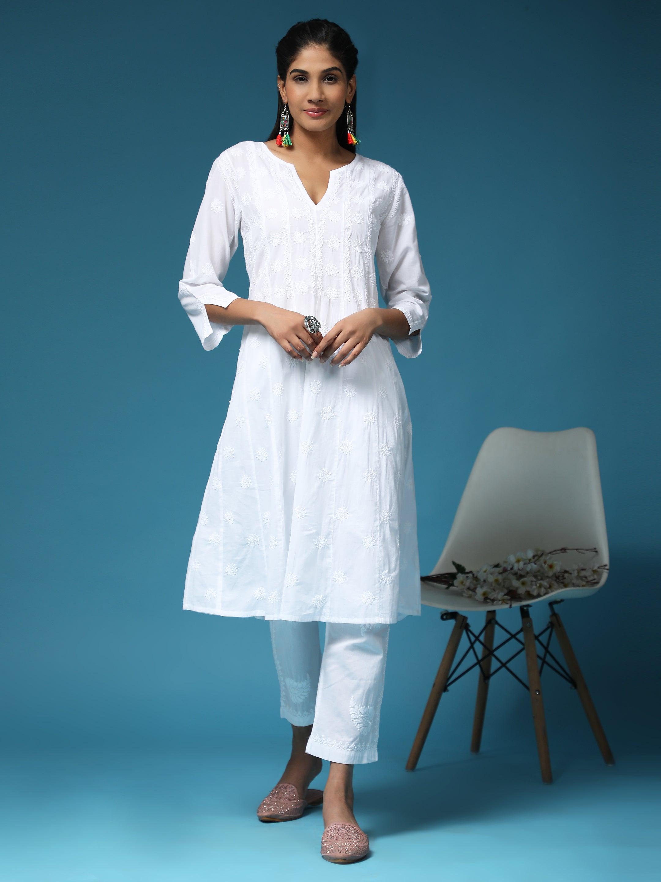 Chikankari Hand embroidery Anarkali Dress in Cotton White - House Of Kari (Chikankari Clothing)