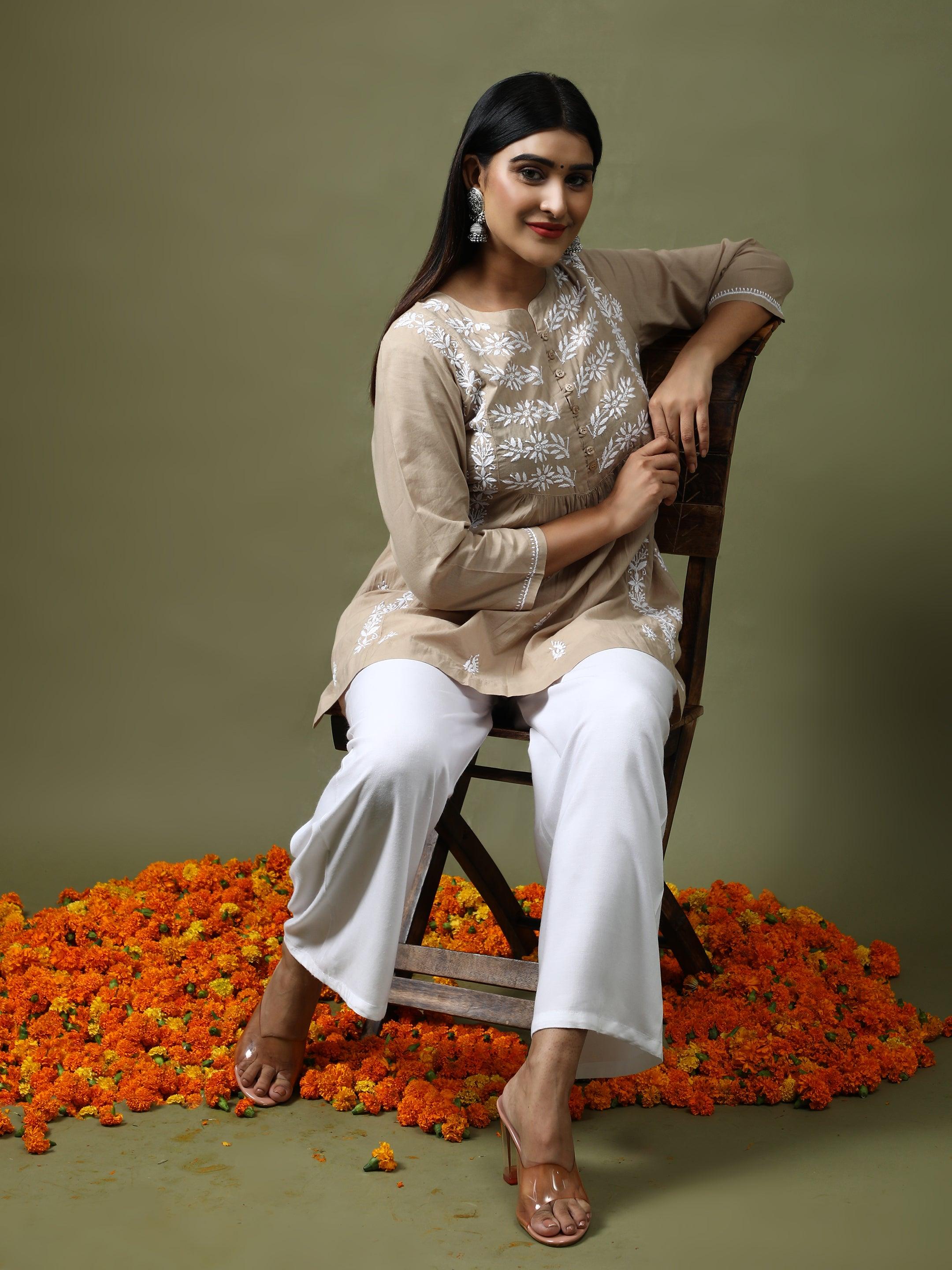 HOK chikankari Tunic for Women -Brown - House Of Kari (Chikankari Clothing)