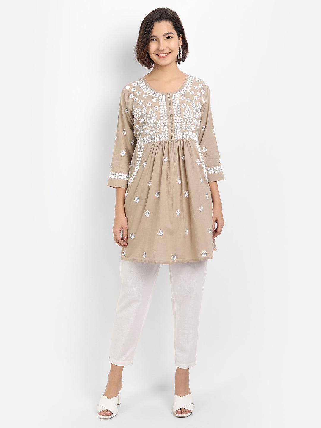 Chikankari Hand embroidery tunic-Brown - House Of Kari (Chikankari Clothing)