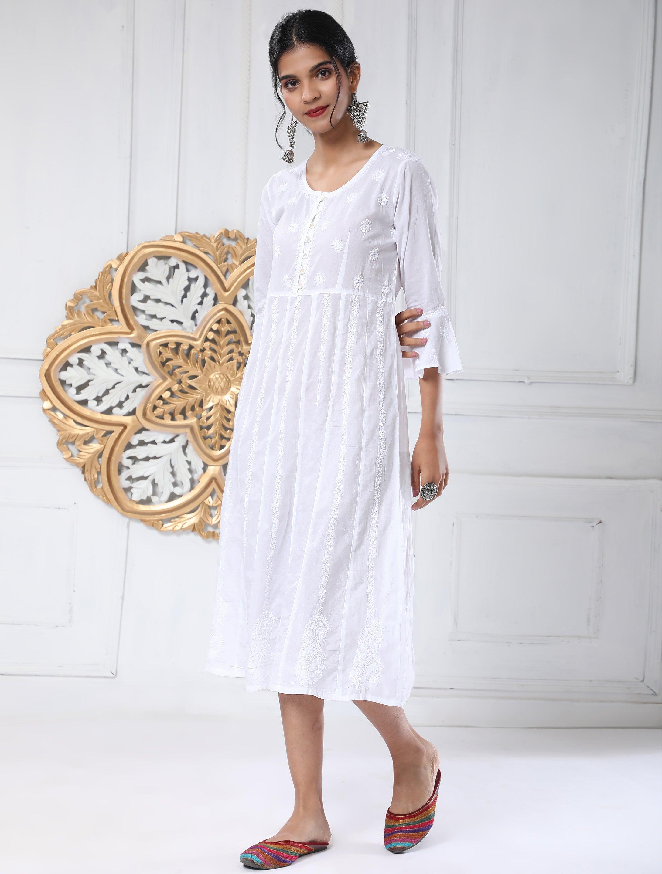 Hand embroidery Chikankari Long Kurta-White - House Of Kari (Chikankari Clothing)