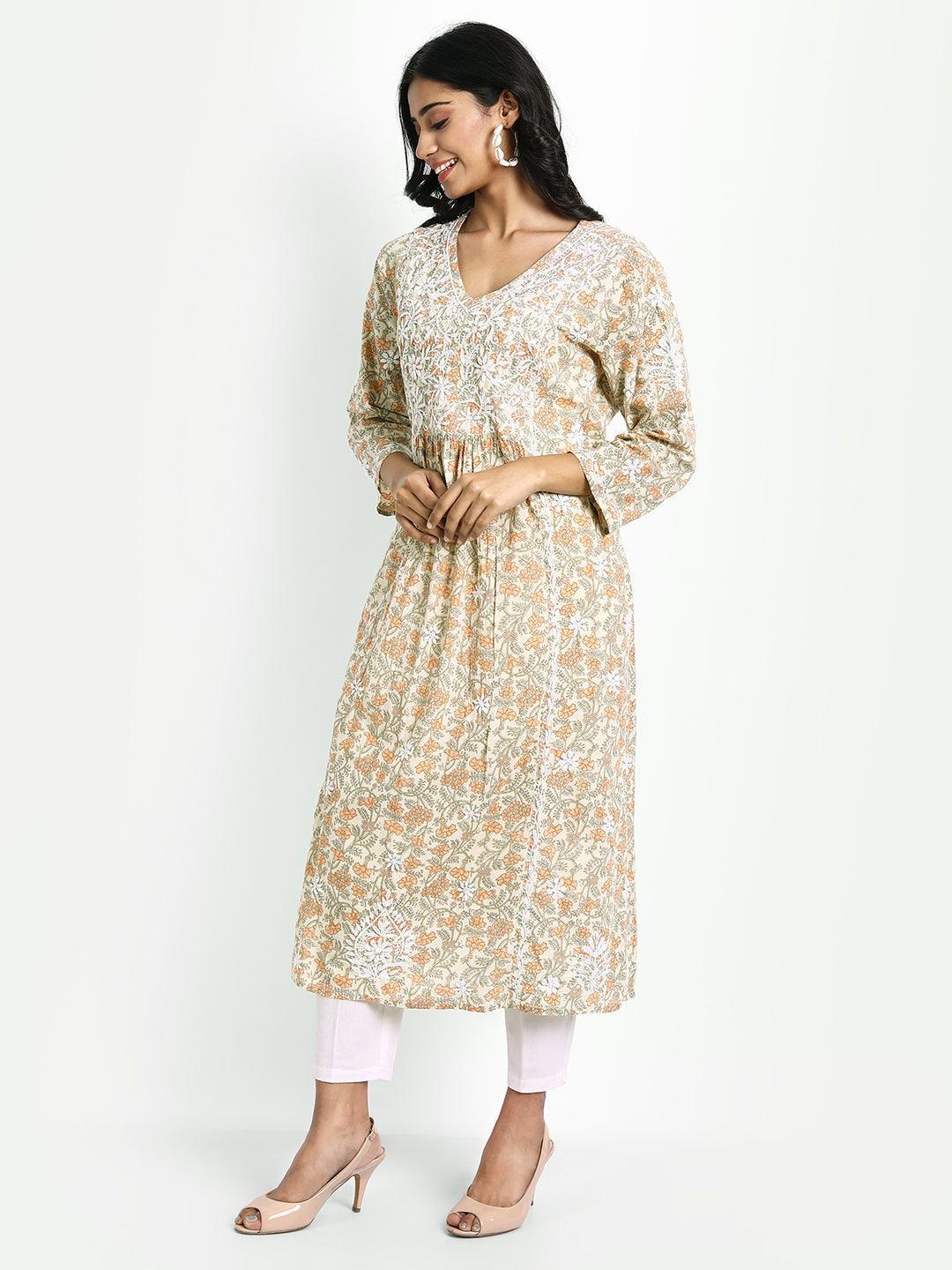 Hand embroidery Chikankari V Neck Anarkali Dress | Long Kurti in Cotton For Women - House Of Kari (Chikankari Clothing)