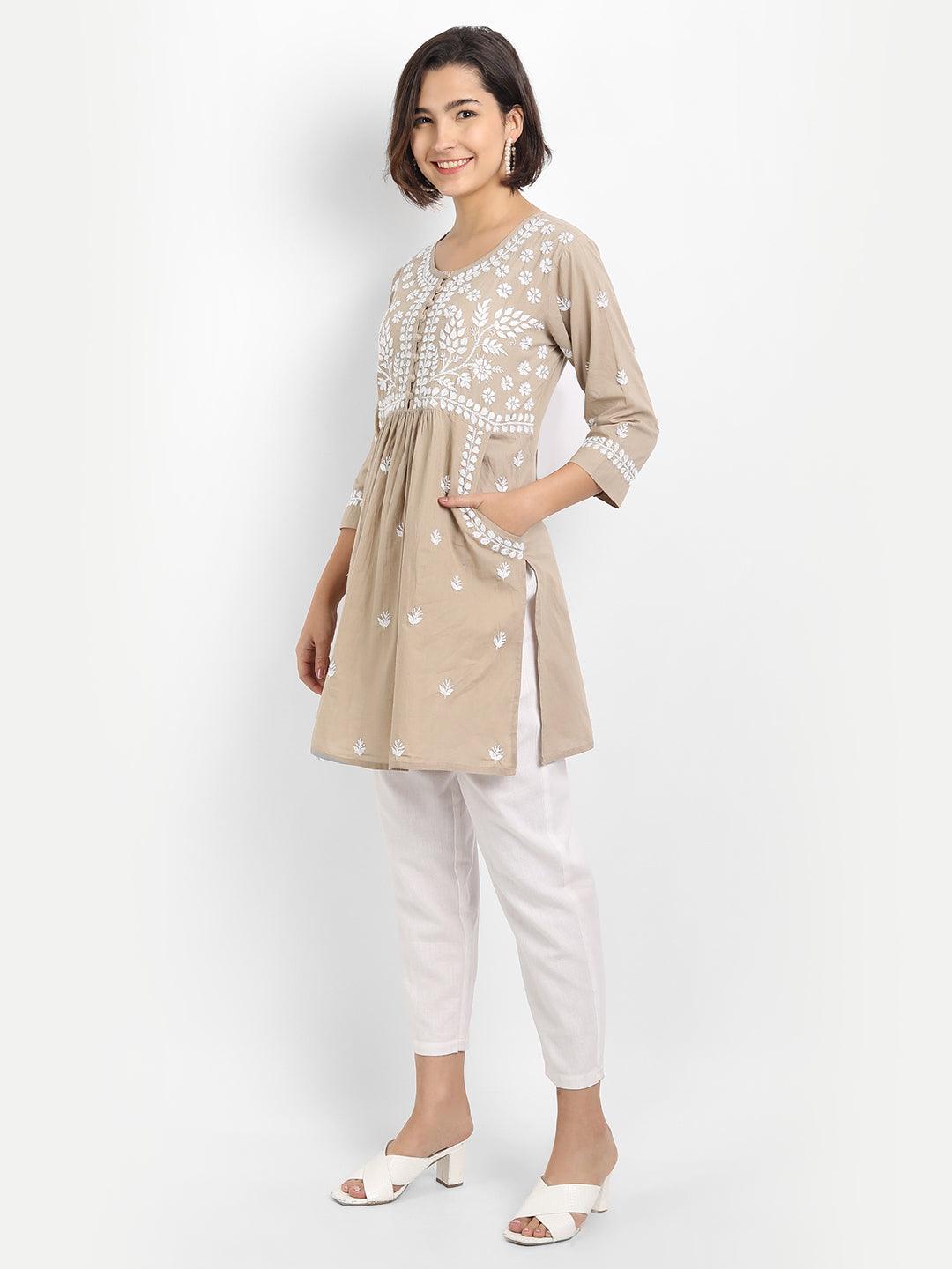 Sakshi & Jinal in Chikankari Hand embroidery tunic-Brown - House Of Kari (Chikankari Clothing)