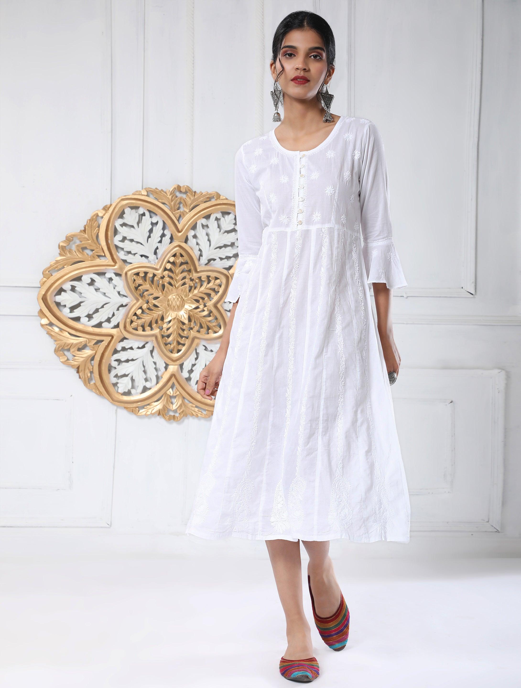 Hand embroidery Chikankari Long Kurta-White - House Of Kari (Chikankari Clothing)