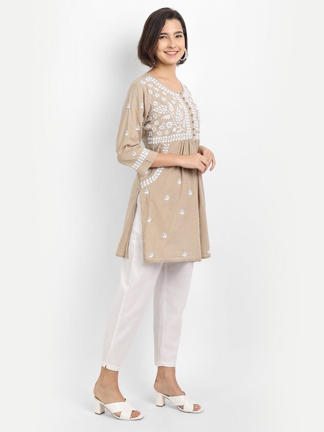 Chikankari Hand embroidery tunic-Brown - House Of Kari (Chikankari Clothing)