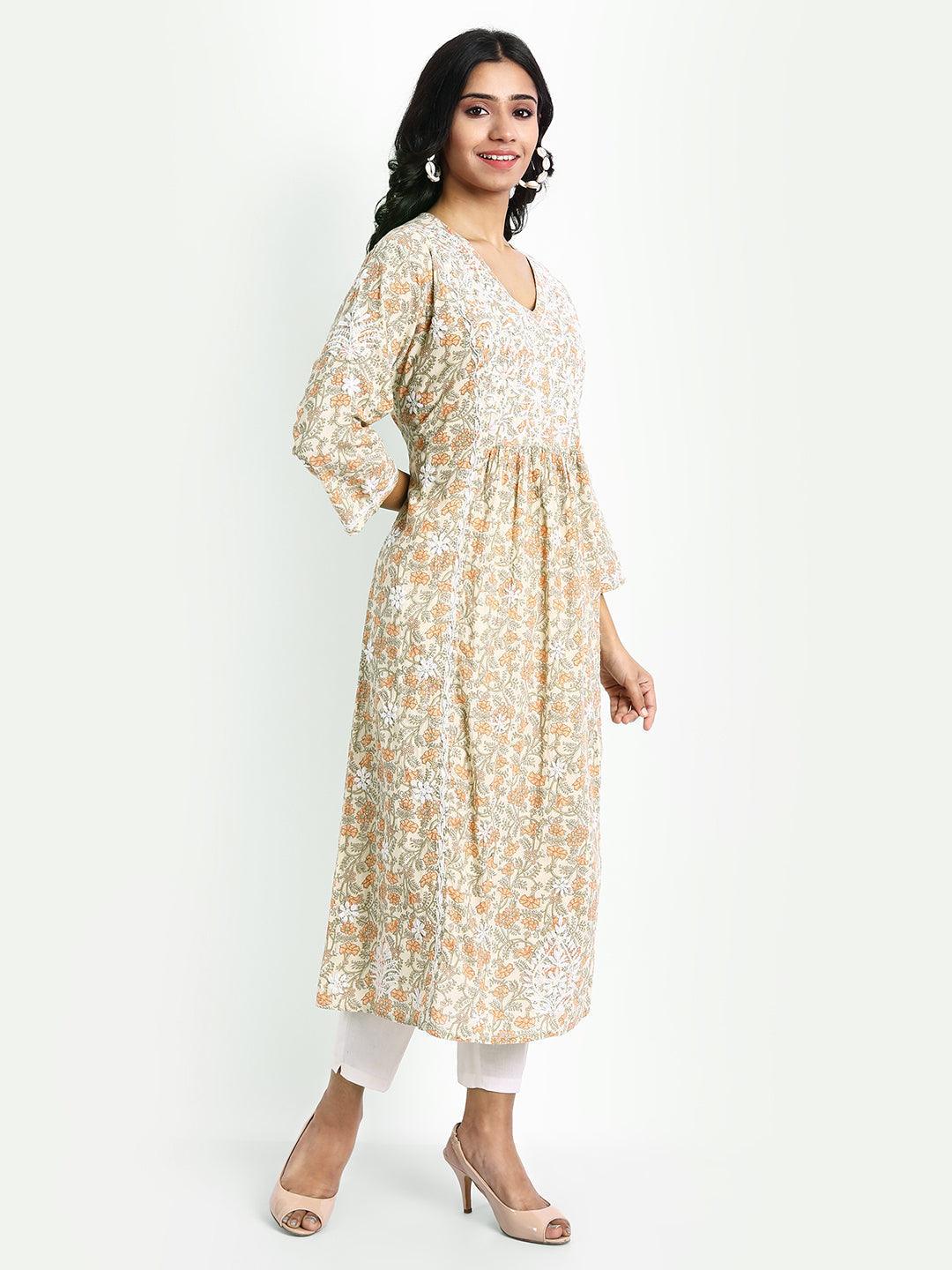 Hand embroidery Chikankari V Neck Anarkali Dress | Long Kurti in Cotton For Women - House Of Kari (Chikankari Clothing)