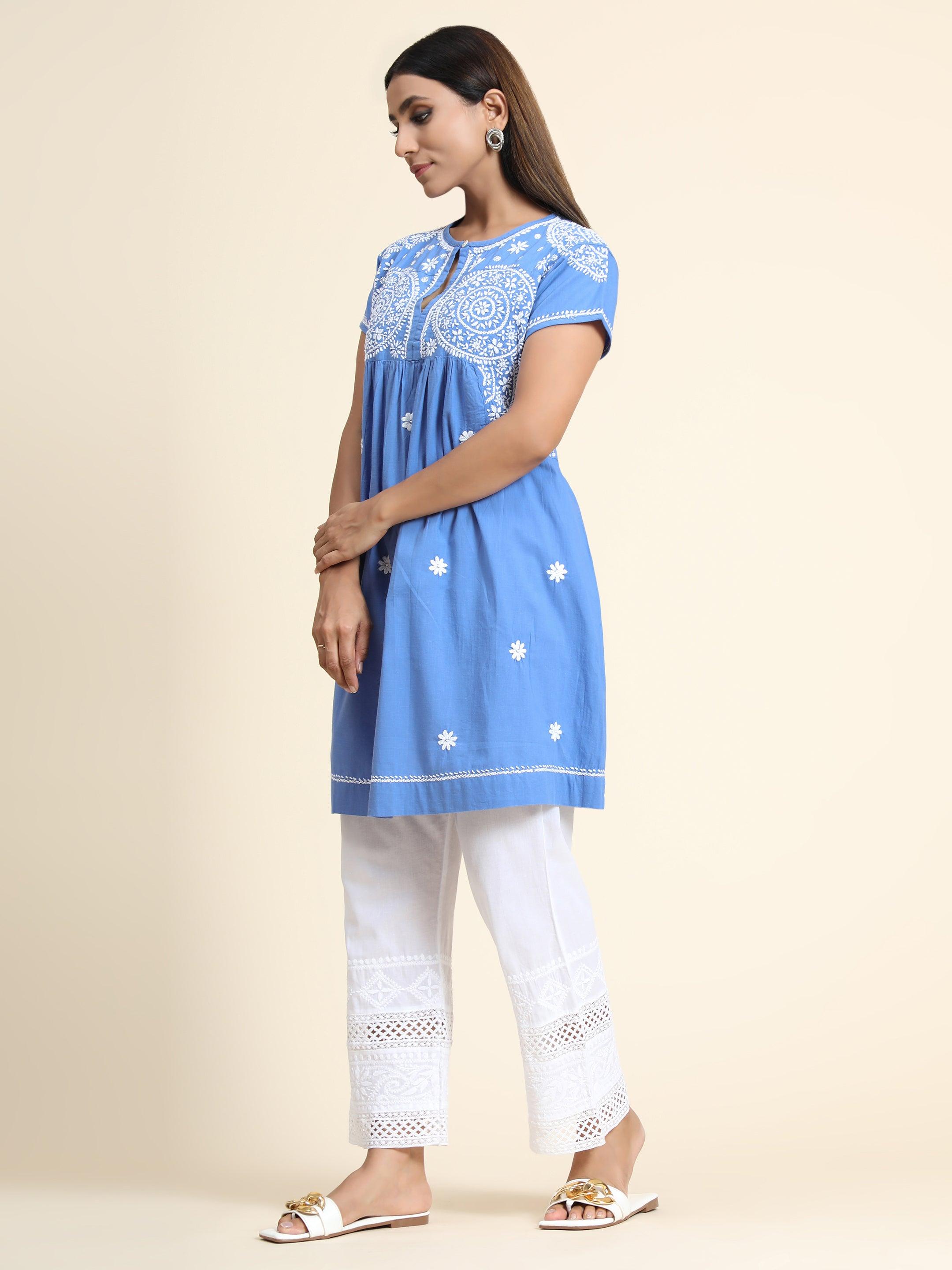 Hand Embroidery Chikankari Tunic for Women-Light Blue - House Of Kari (Chikankari Clothing)