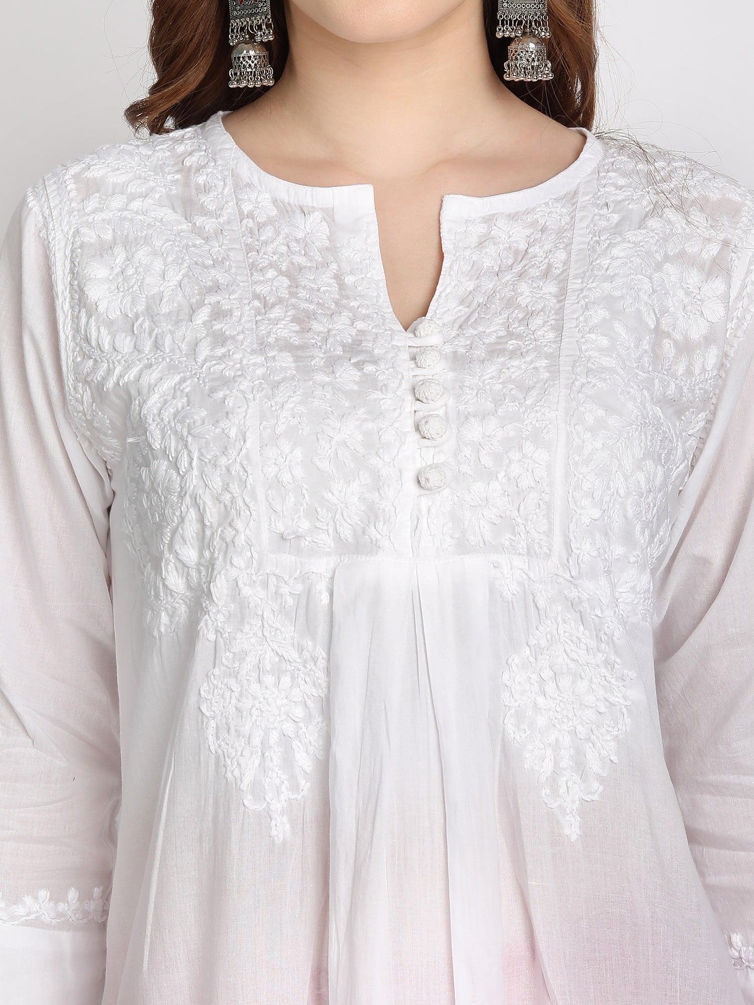 Hand embroidery Chikankari tunic-White - House Of Kari (Chikankari Clothing)