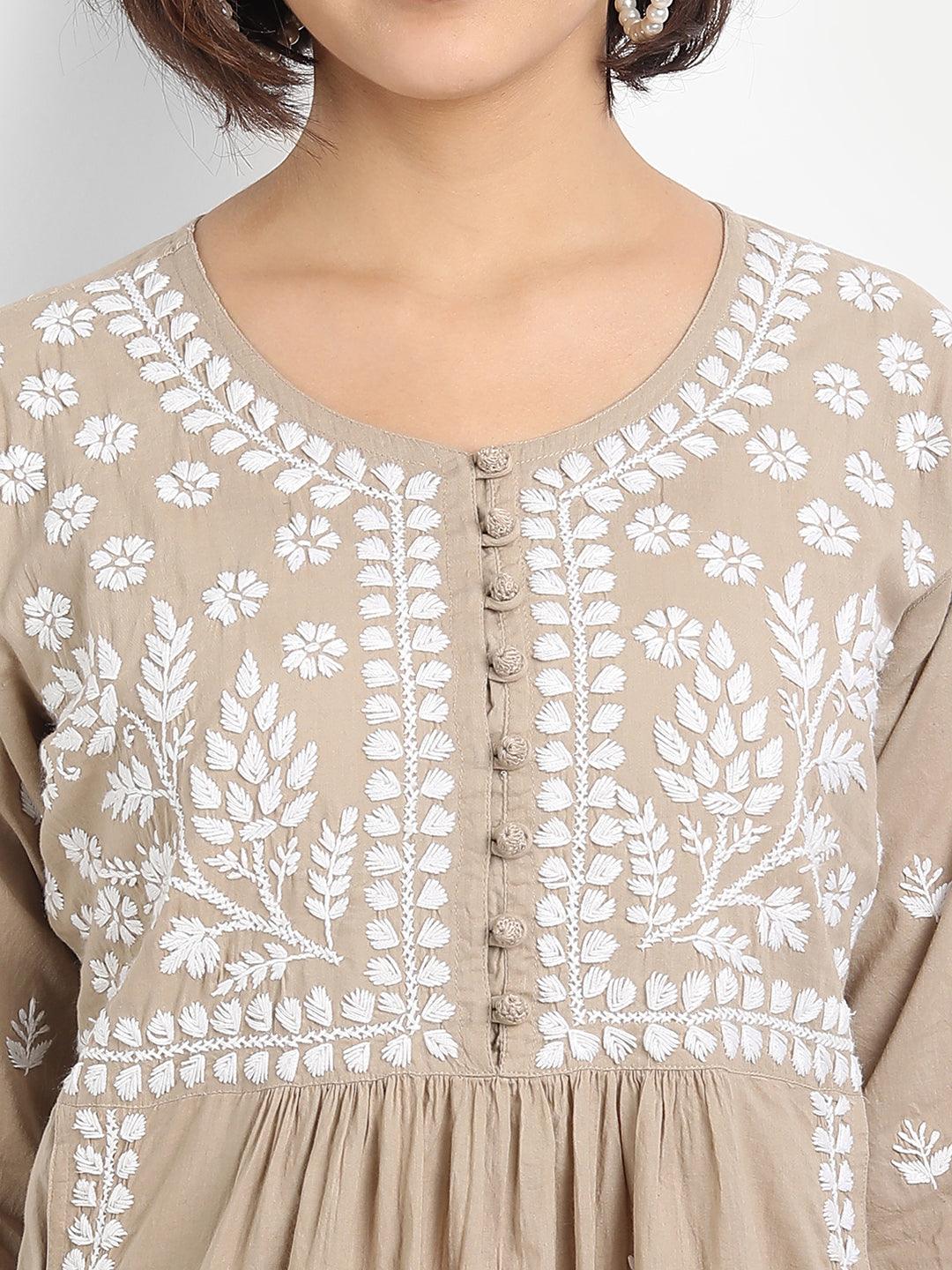 Chikankari Hand embroidery tunic-Brown - House Of Kari (Chikankari Clothing)