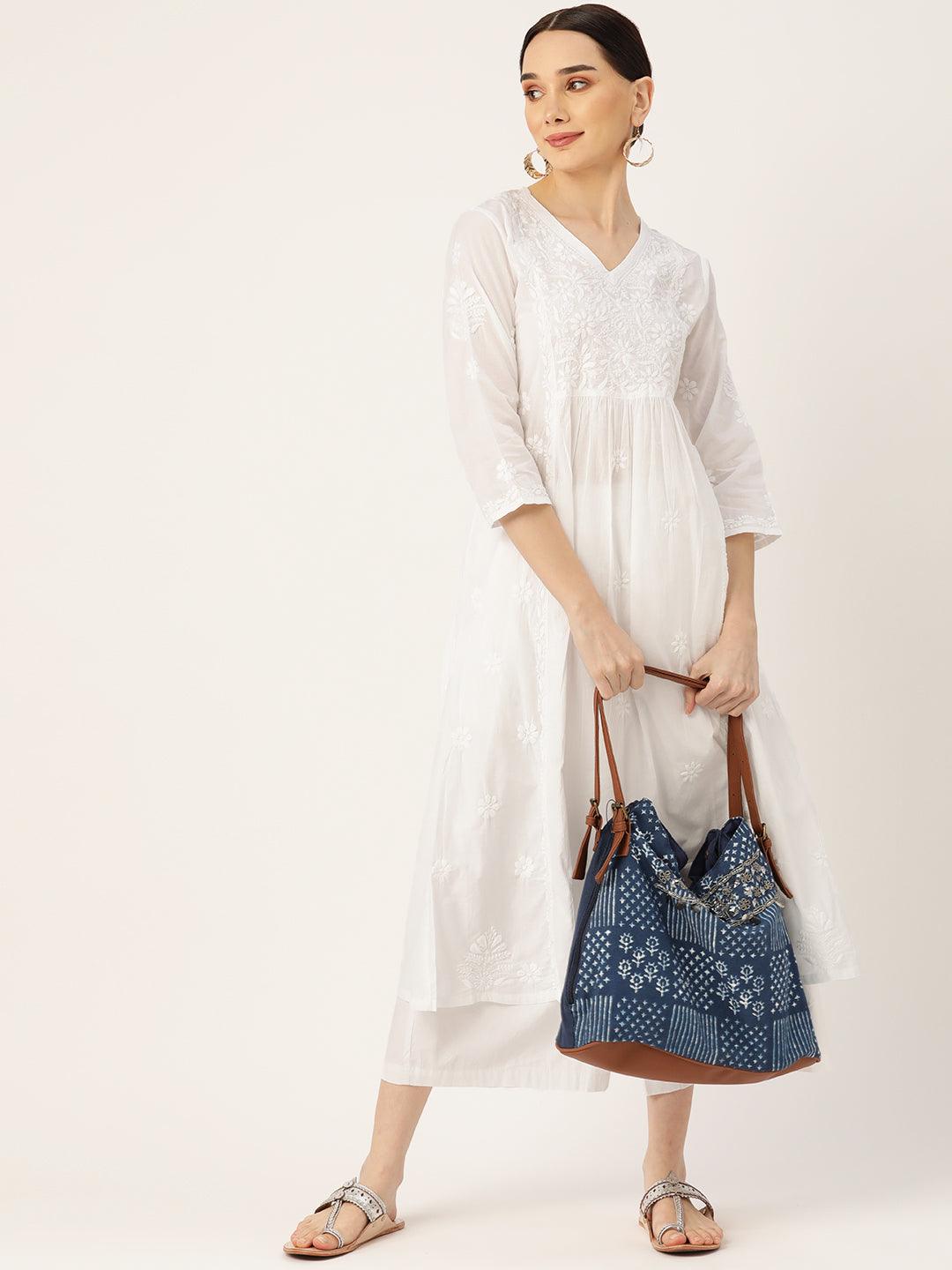 Ishita Dutta in Hand embroidery Chikankari Long Kurta-White - House Of Kari (Chikankari Clothing)