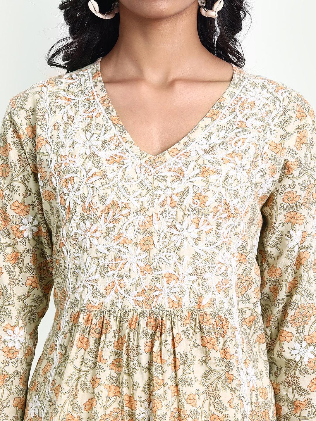 Hand embroidery Chikankari V Neck Anarkali Dress | Long Kurti in Cotton For Women - House Of Kari (Chikankari Clothing)