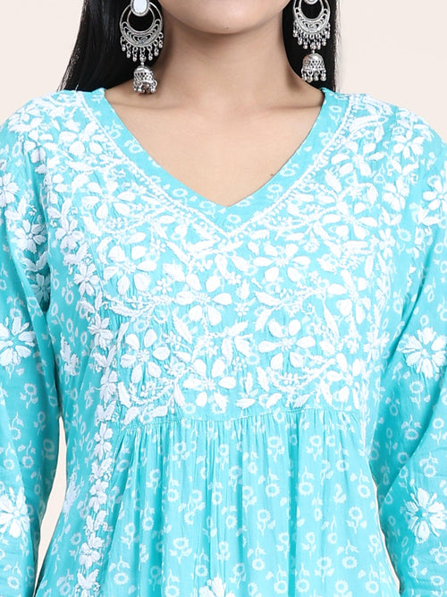 Samma Mul Printed Hand Embroidery Chikankari Kurta- SKY BLUE - House Of Kari (Chikankari Clothing)