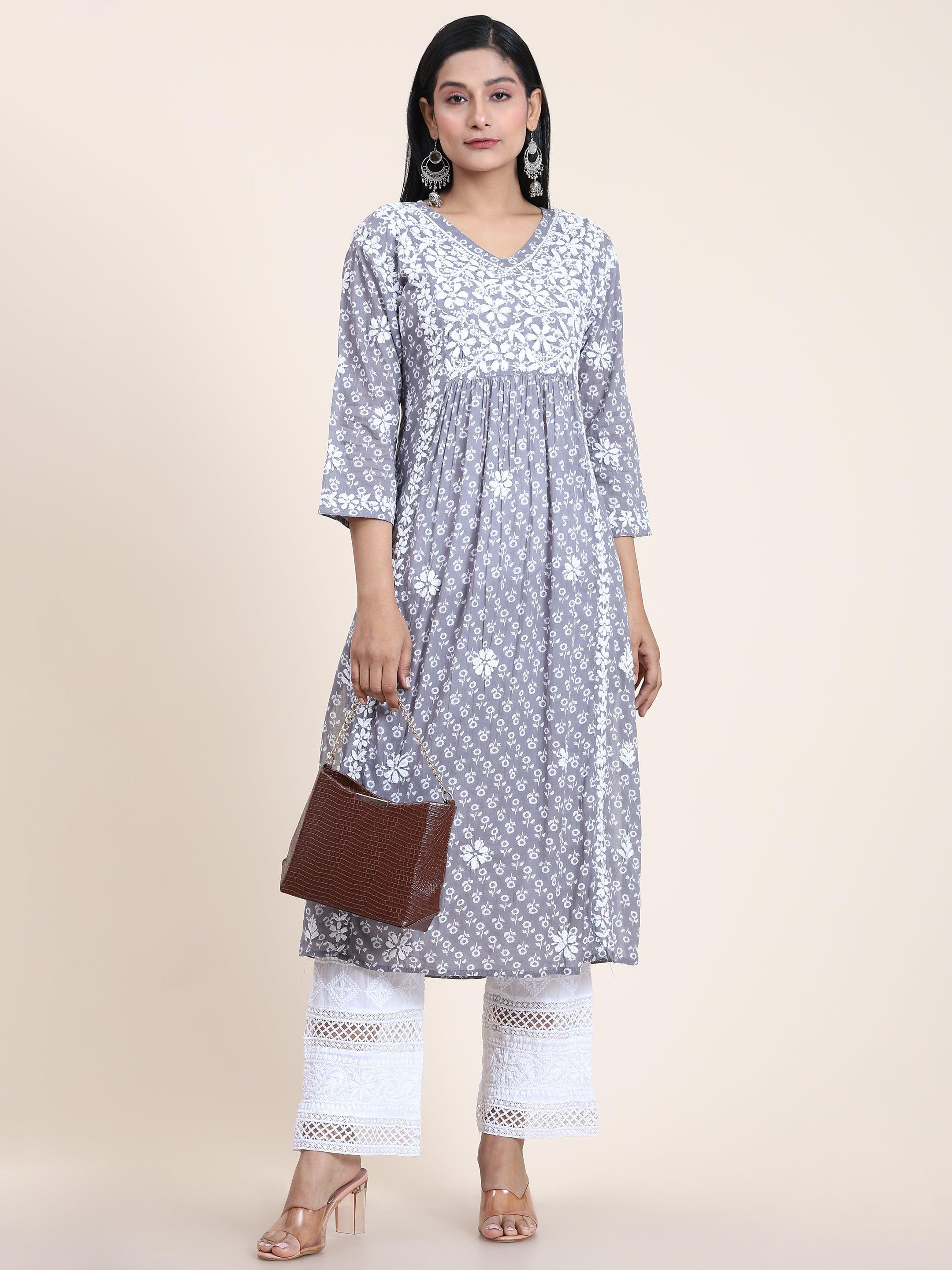 Aishwarya in Noor Mul Printed Hand Embroidery Chikankari Kurta- Grey - House Of Kari (Chikankari Clothing)