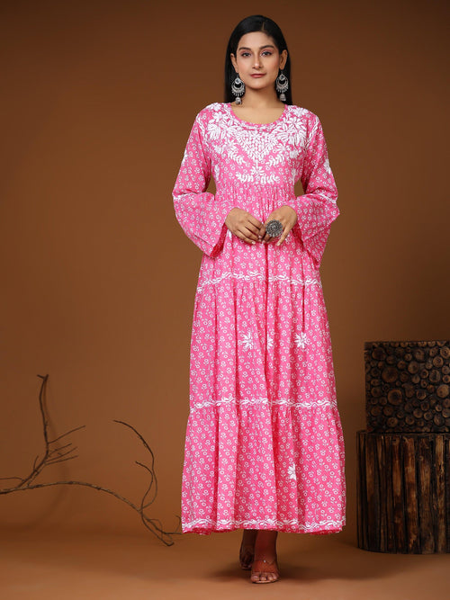 Samma Hand Embroidered Chikankari Mul Gown for Women- Hot Pink - House Of Kari (Chikankari Clothing)