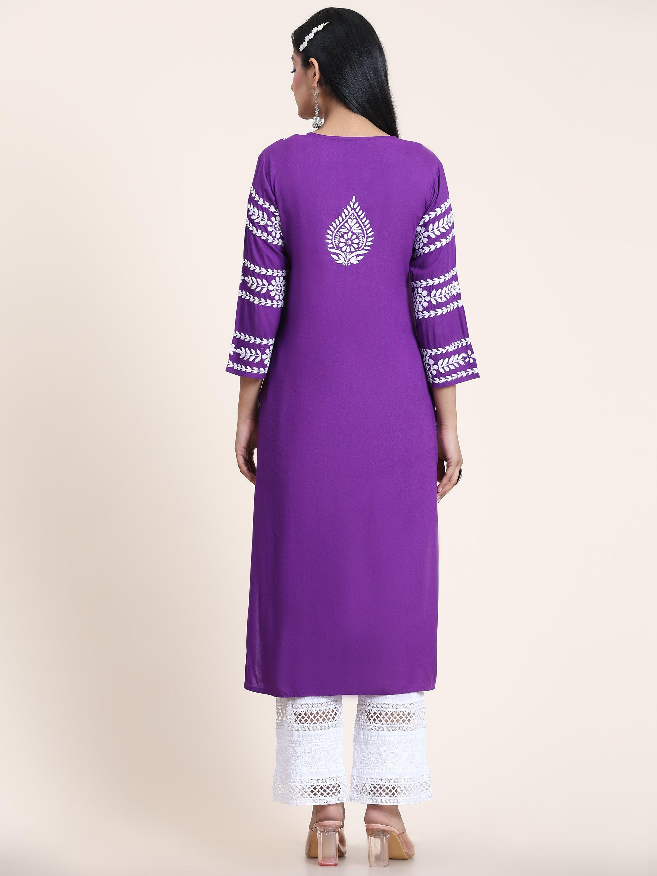 Noor Chikankari Long Kurta in Rayon Cotton for Women- Purple - House Of Kari (Chikankari Clothing)