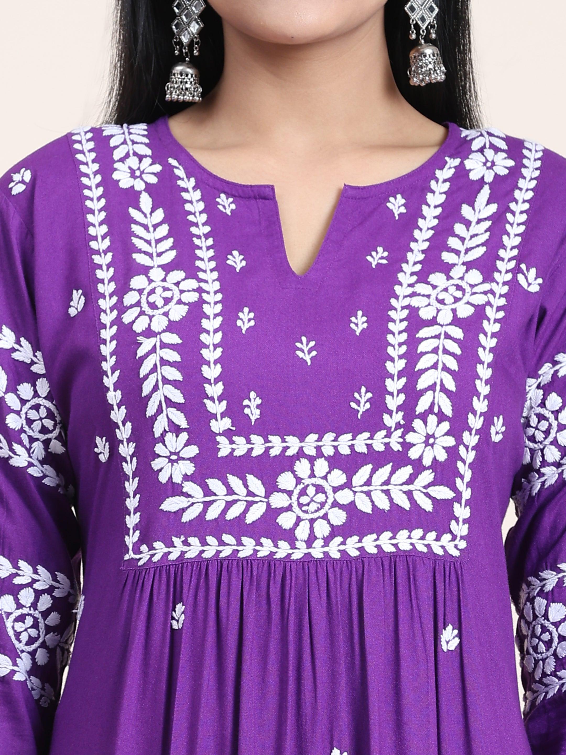 Noor Chikankari Long Kurta in Rayon Cotton for Women- Purple - House Of Kari (Chikankari Clothing)