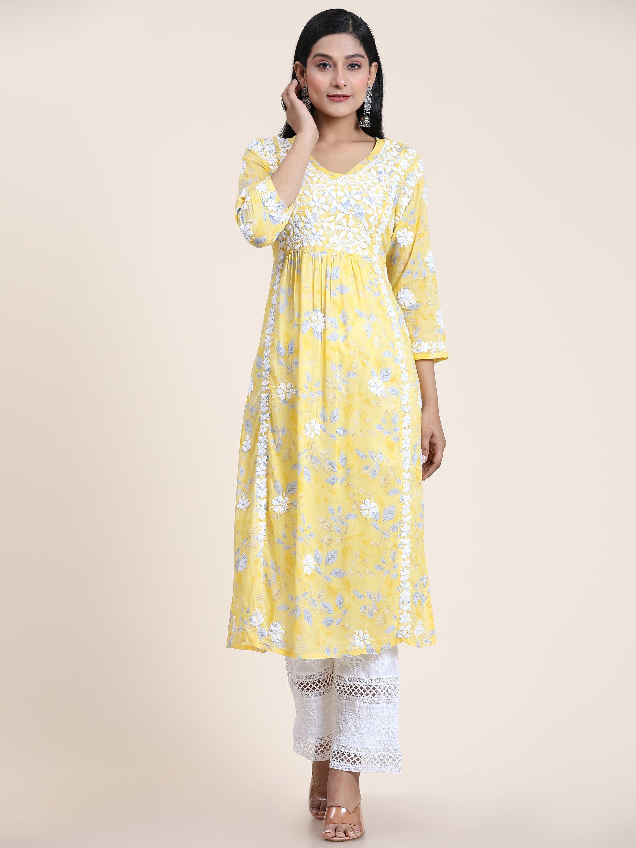 Samma Mul Printed Hand Embroidery Chikankari Kurta- Yellow - House Of Kari (Chikankari Clothing)