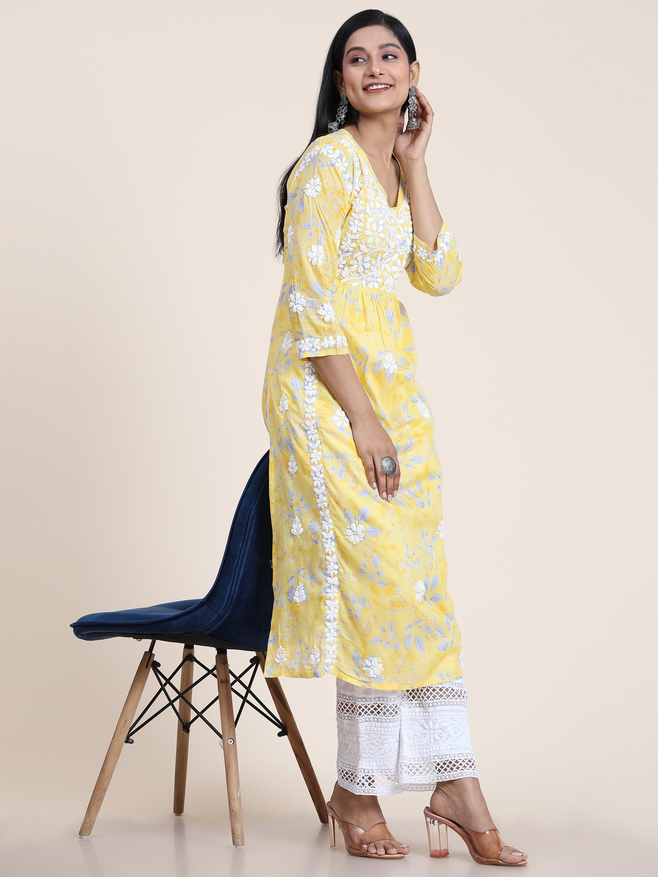 Samma Mul Printed Hand Embroidery Chikankari Kurta- Yellow - House Of Kari (Chikankari Clothing)