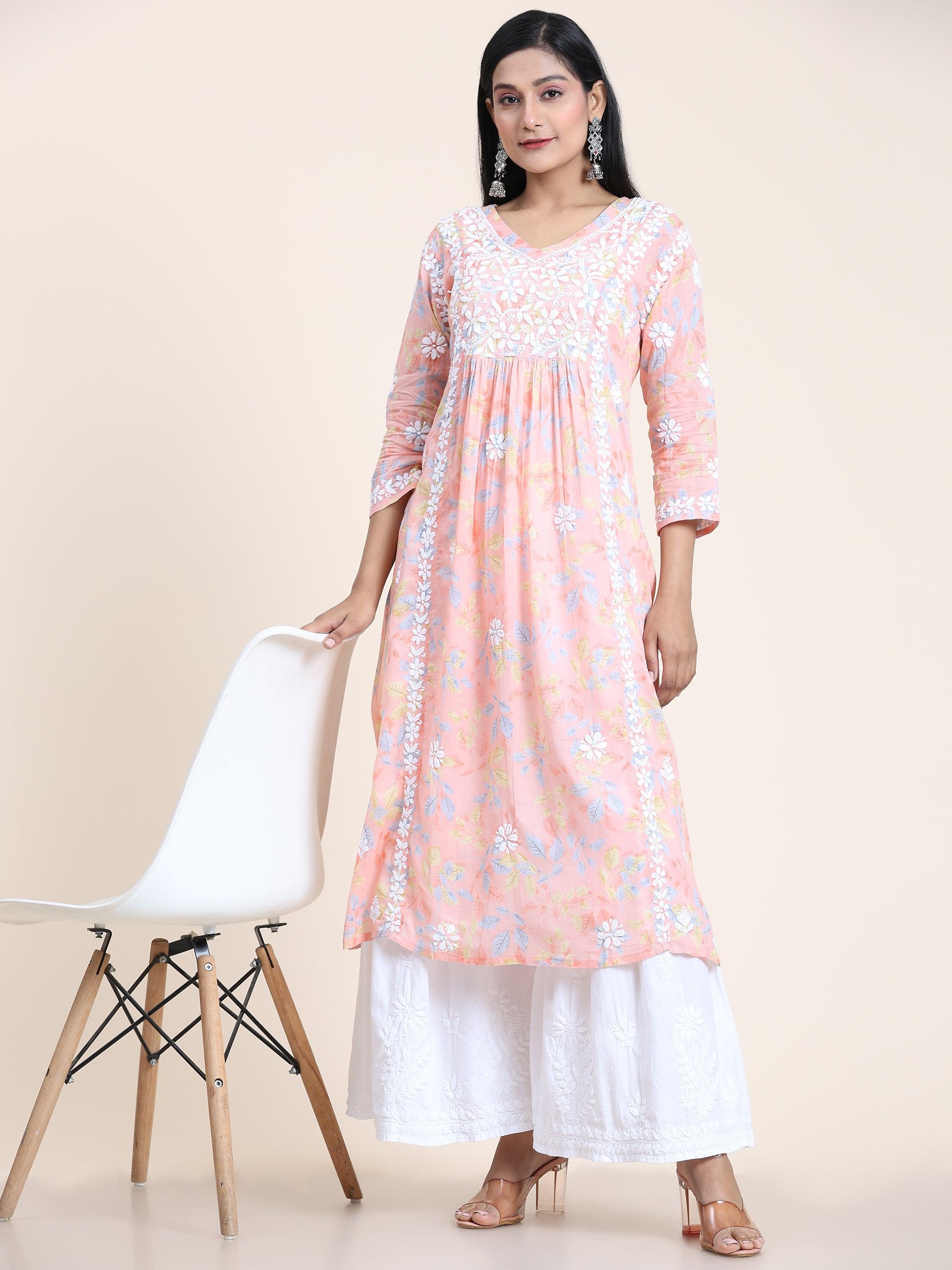 Samma Mul Printed Hand Embroidery Chikankari Kurta- Peach - House Of Kari (Chikankari Clothing)