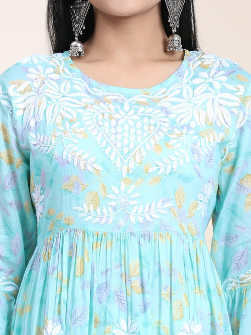 Samma Hand Embroidered Chikankari Mul Gown for Women- Light Blue - House Of Kari (Chikankari Clothing)