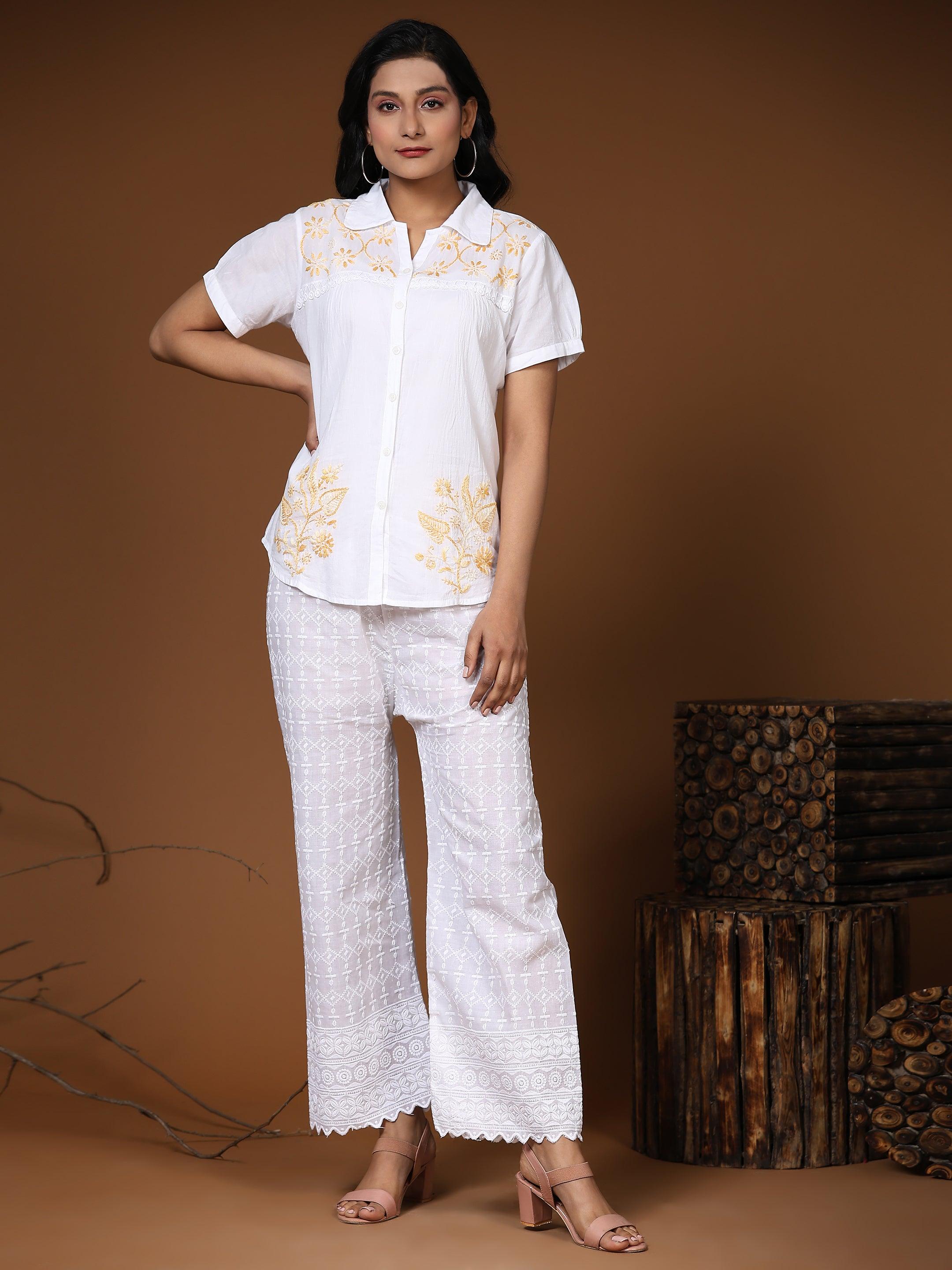 Hand embroidery Chikankari tunic-White With Beige - House Of Kari (Chikankari Clothing)