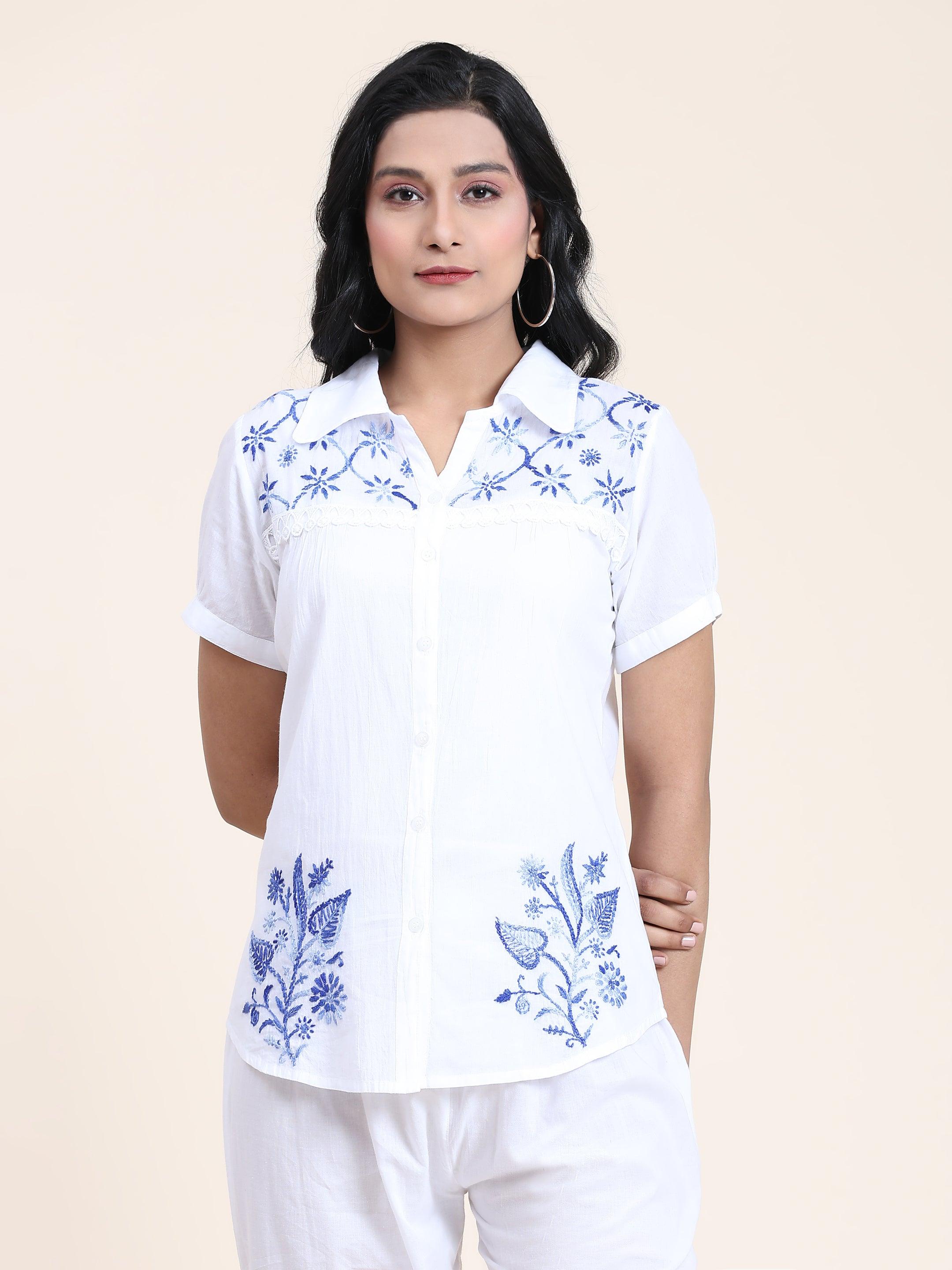 Hand embroidery Chikankari tunic-White With Blue - House Of Kari (Chikankari Clothing)