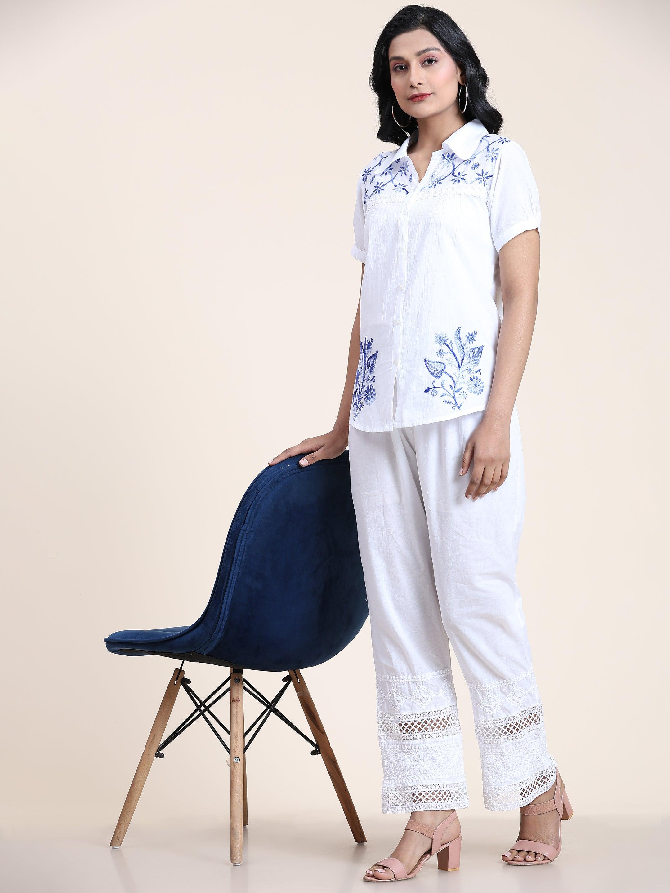 Hand embroidery Chikankari tunic-White With Blue - House Of Kari (Chikankari Clothing)