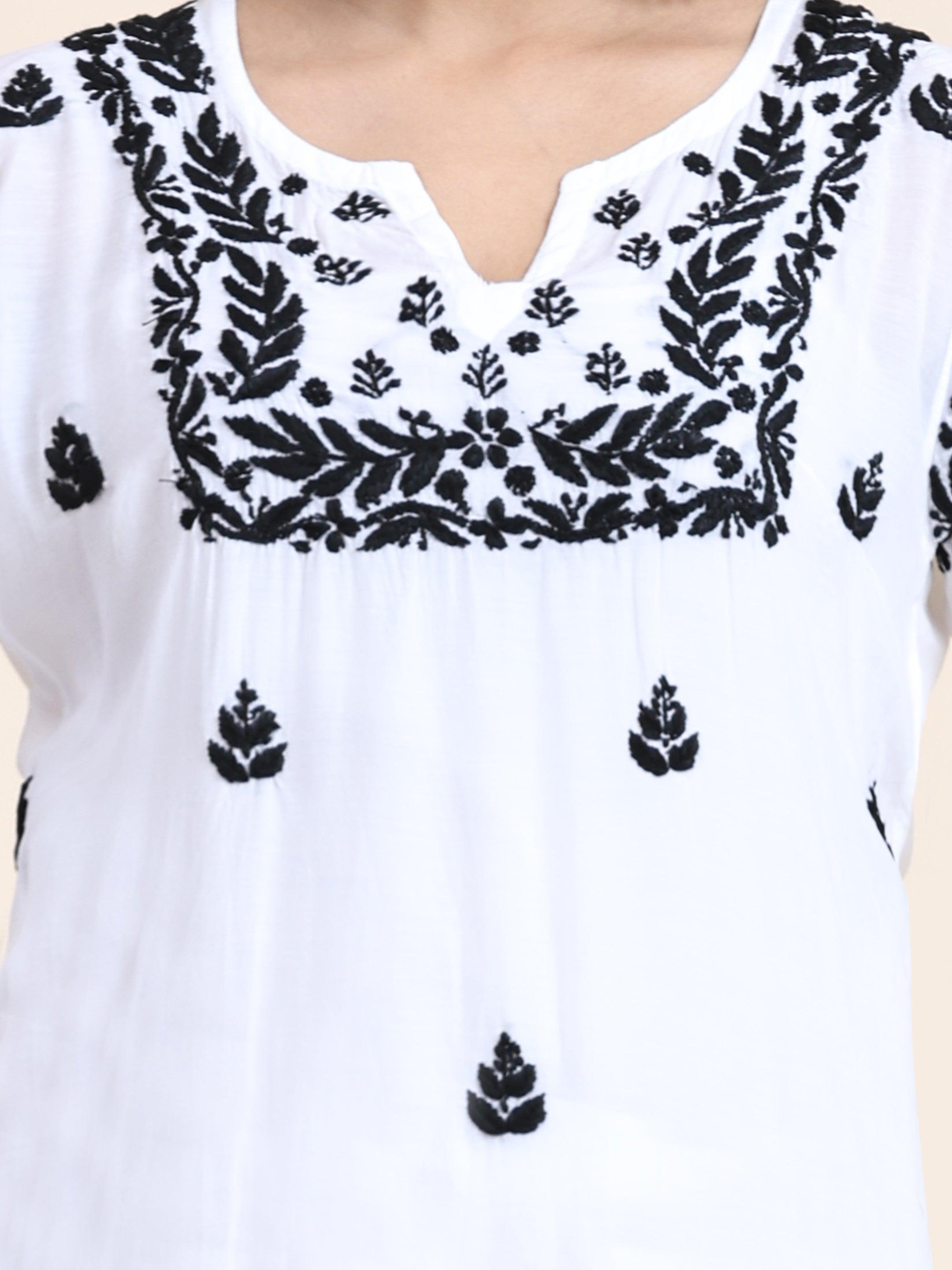Nishtha in Noor HOK Muslin Chikankari kurti for Women- White With Black - House Of Kari (Chikankari Clothing)