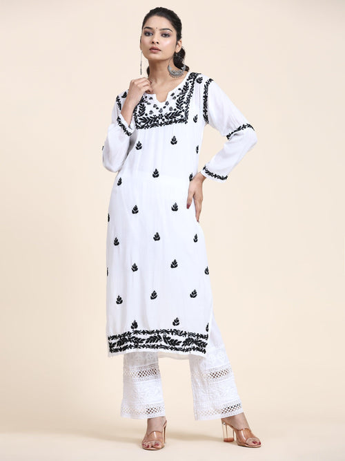 Nishtha in Noor HOK Muslin Chikankari kurti for Women- White With Black - House Of Kari (Chikankari Clothing)