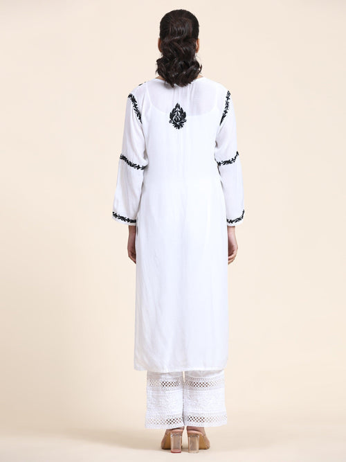 Nishtha in Noor HOK Muslin Chikankari kurti for Women- White With Black - House Of Kari (Chikankari Clothing)